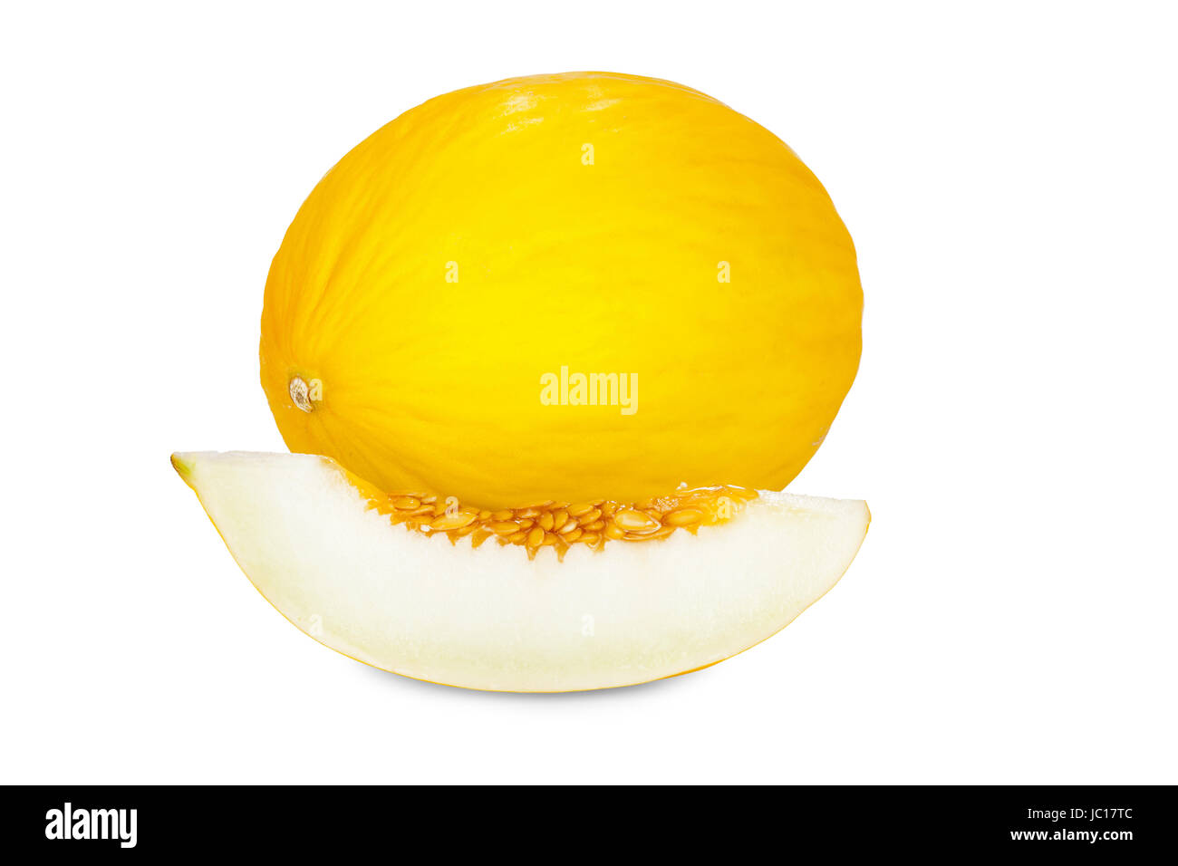 Reife Honigmelone und Melonenstück isoliert vor weißem Hintergrund