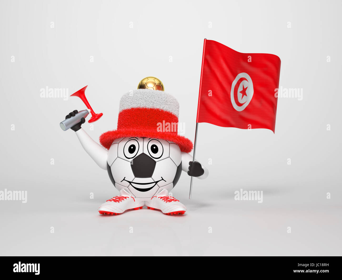 A cute and funny soccer character holding the national flag of Tunisia and a horn dressed in the colors of Tunisia on bright background supporting his team Stock Photo