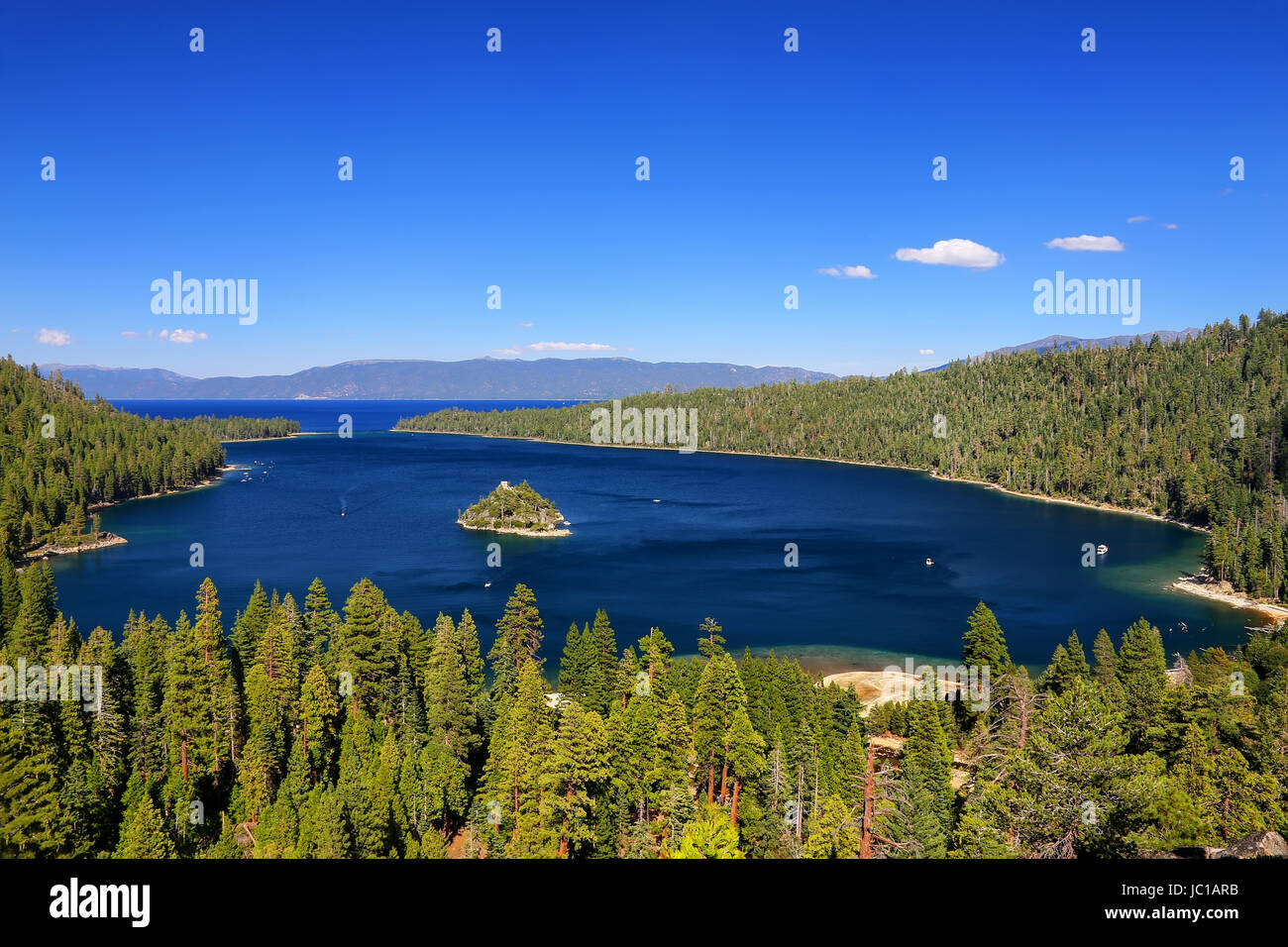 Emerald Bay at Lake Tahoe with Fannette Island, California, USA. Lake Tahoe is the largest alpine lake in North America Stock Photo