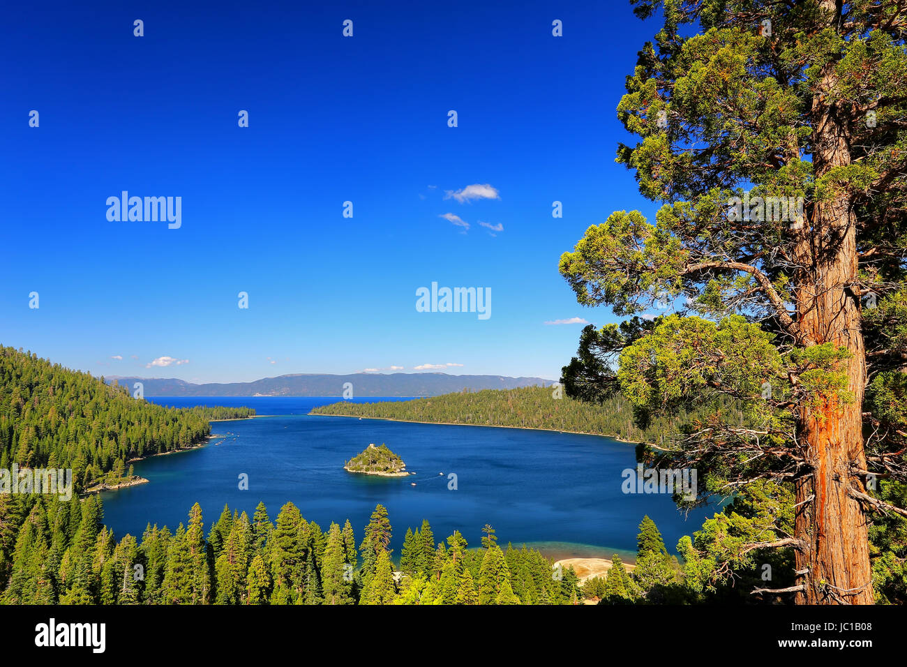 Emerald Bay at Lake Tahoe with Fannette Island, California, USA. Lake Tahoe is the largest alpine lake in North America Stock Photo