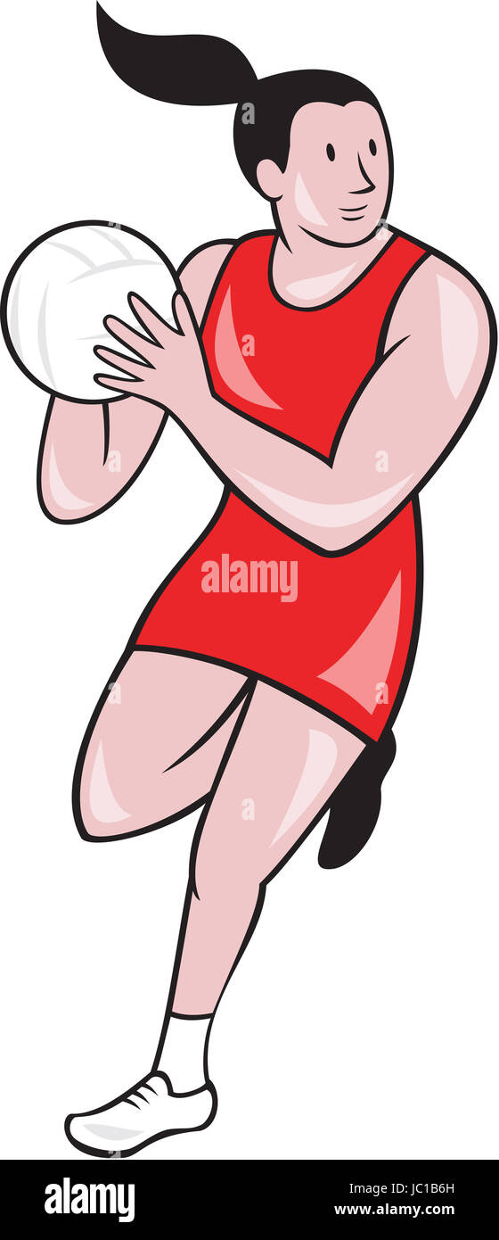 Illustration of a netball player catching rebounding ball on isolated white background done in cartoon style. Stock Photo