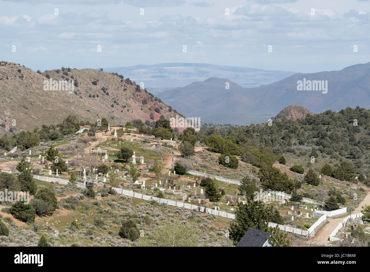 Silver Terrace Cemetery at the edge of the historic mining town of Virginia City, Nevada. Stock Photo