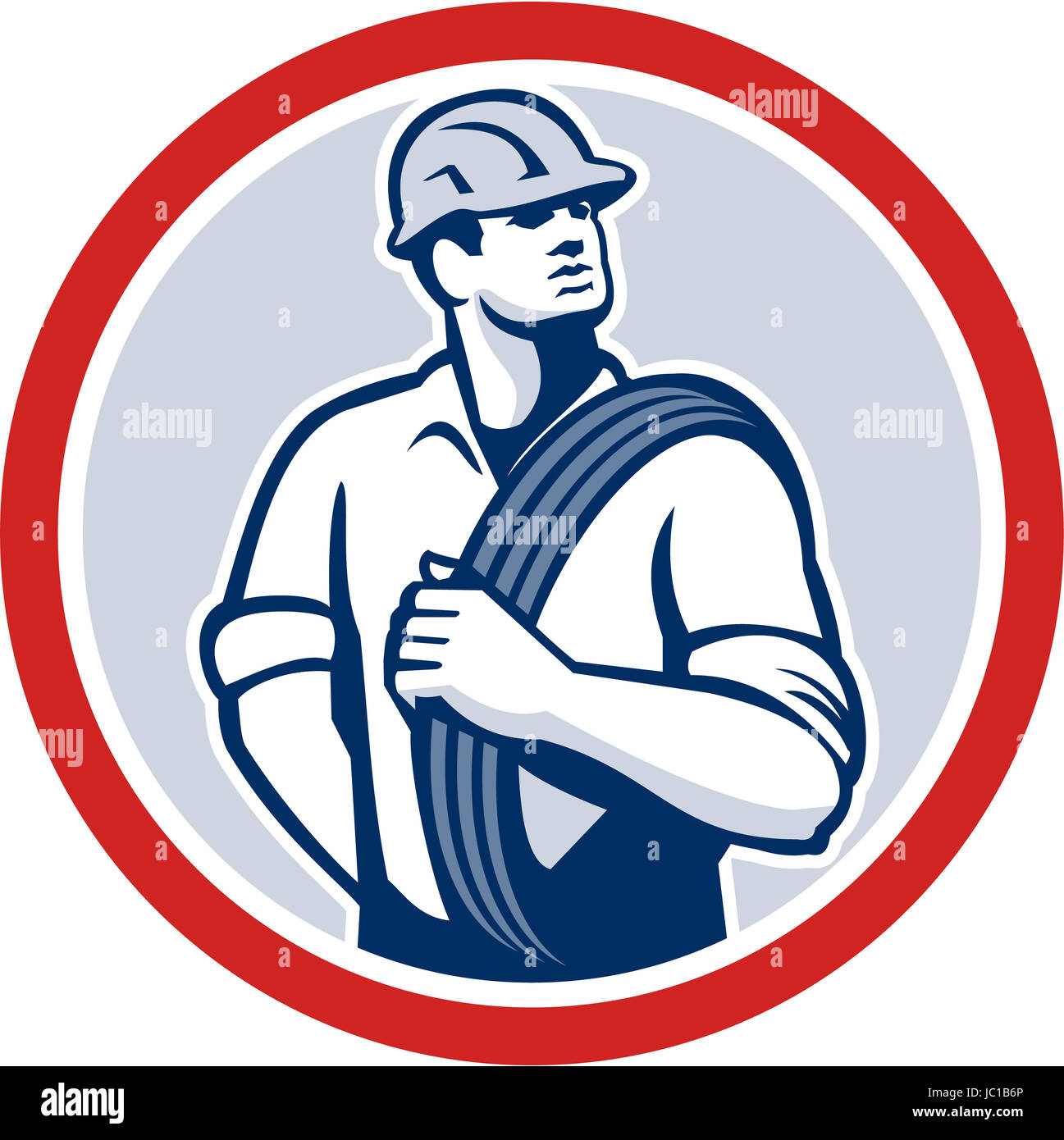 Illustration of a power lineman telephone repairman worker holding wire cable over shoulder done in retro style set inside circle. Stock Photo