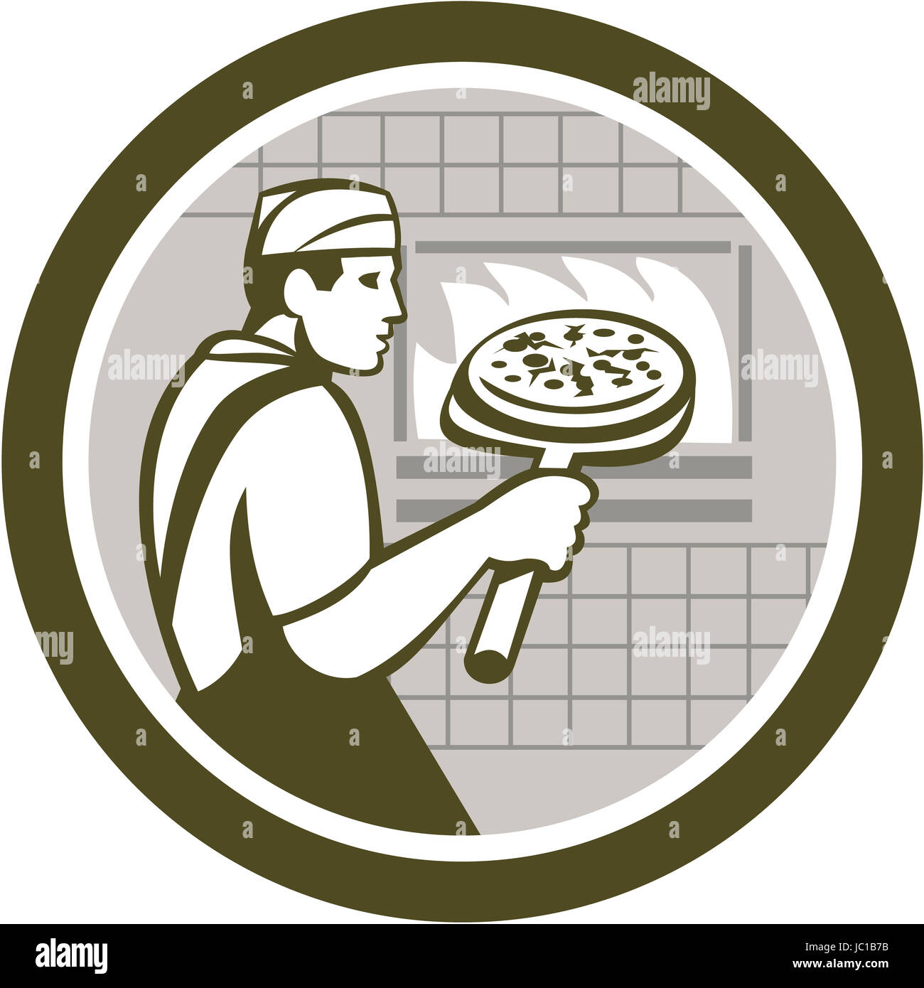 Illustration of a baker pizza maker holding a peel with pizza pie into a brick oven viewed from side done in retro style on isolated white background. Stock Photo
