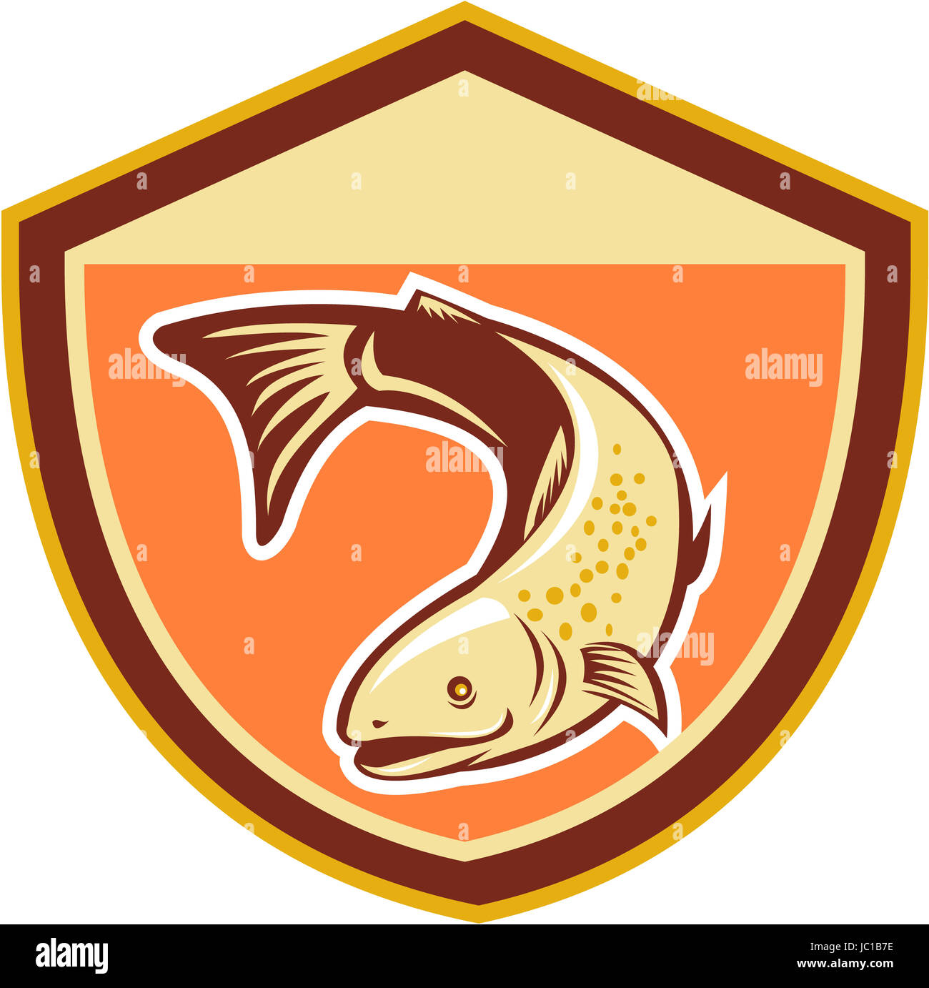 Illustration of a trout fish swimming down set inside shield done in retro style Stock Photo