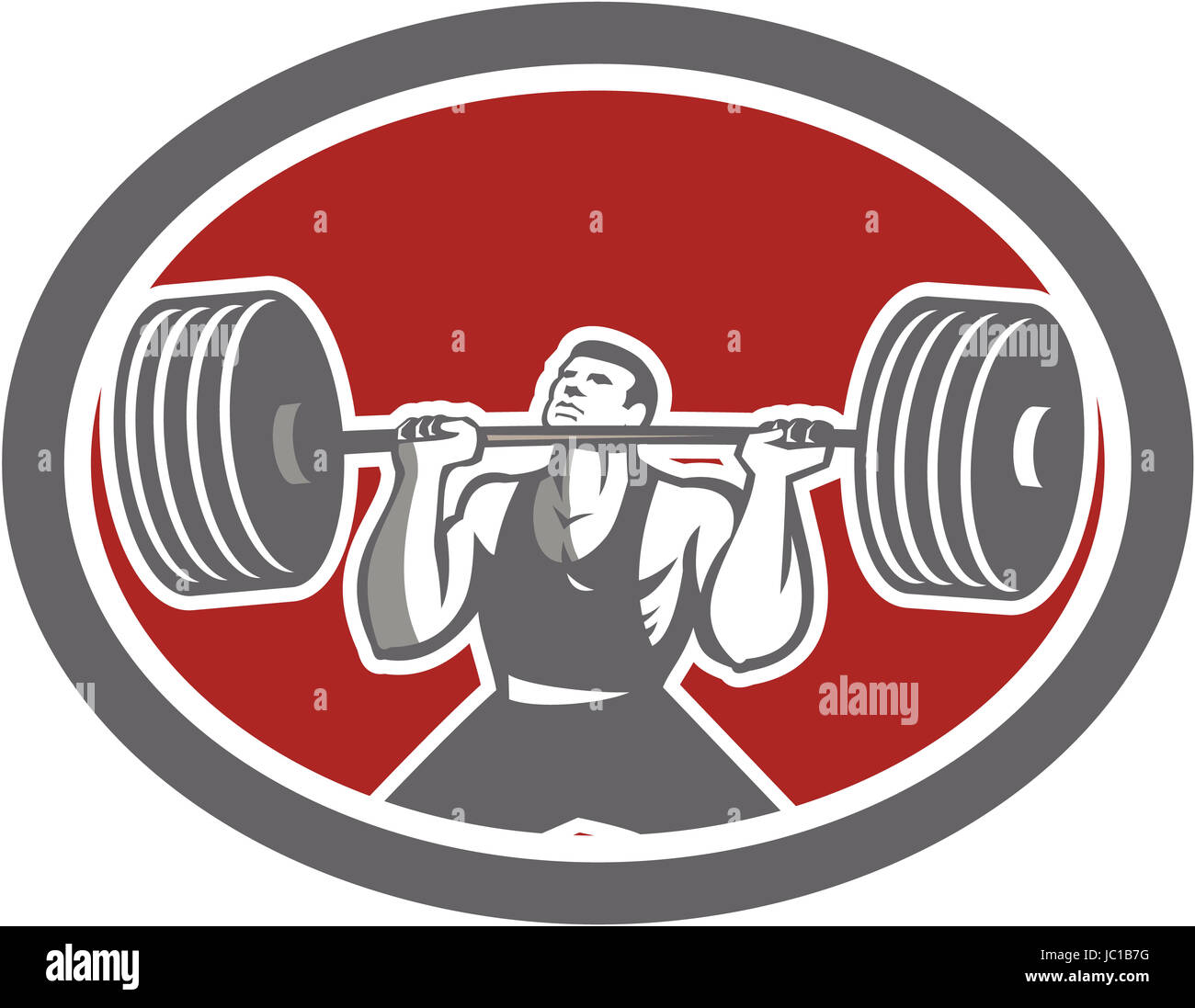 Illustration of a weightlifter lifting barbell set inside oval shape on isolated background viewed from front done in retro style. Stock Photo