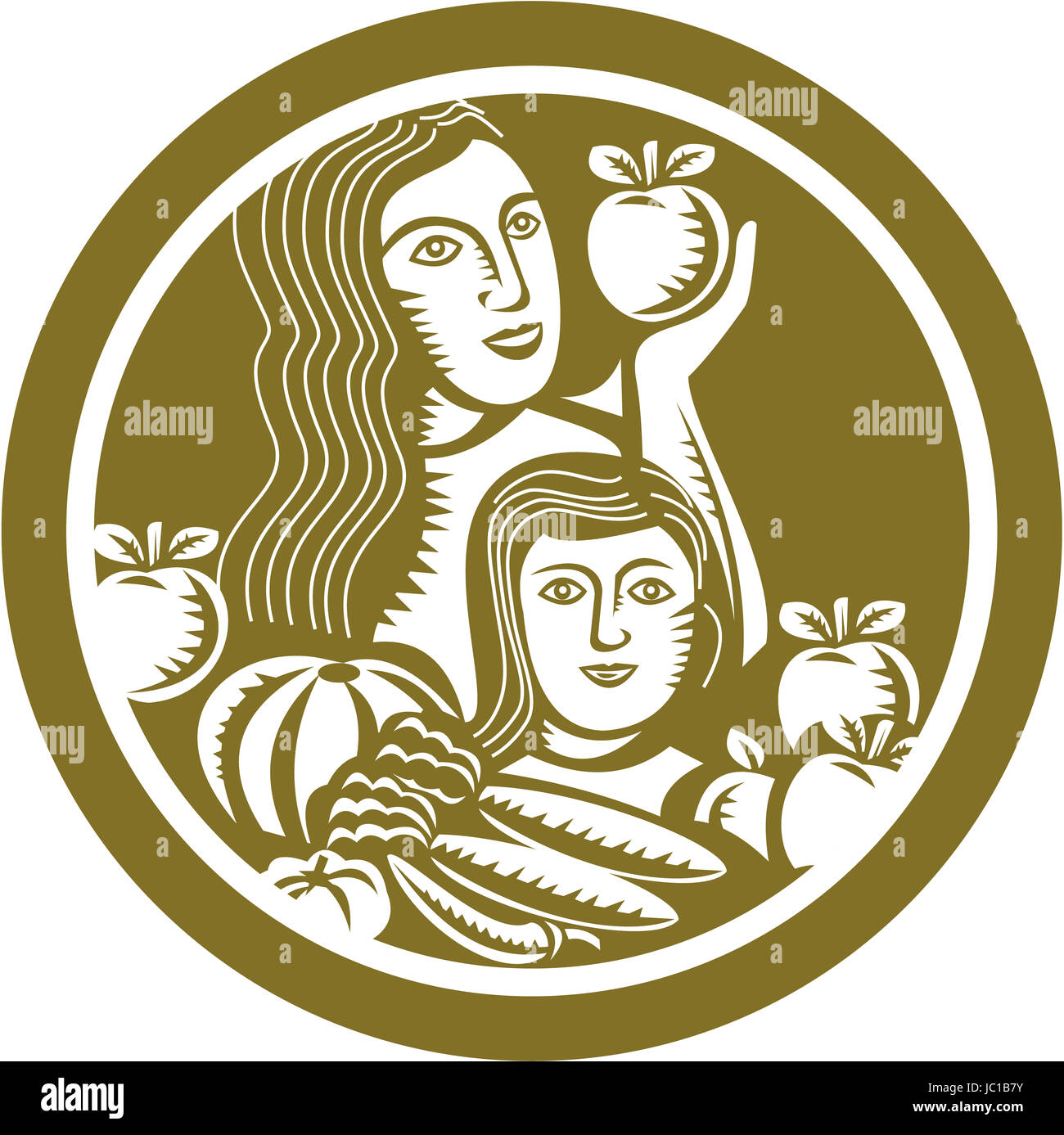 Illustration of a woman and child holding apples with fruits and vegetables set inside a circle done in retro style. Stock Photo