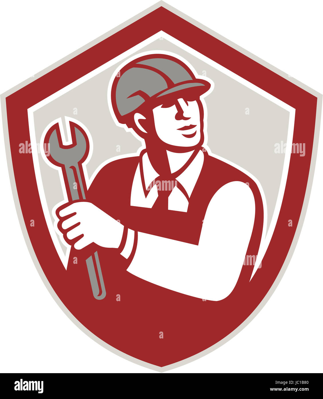 Illustration of a mechanic wearing hardhat holding spanner wrench lookiong up facing front set inside crest shield on isolated background done in retro style. Stock Photo