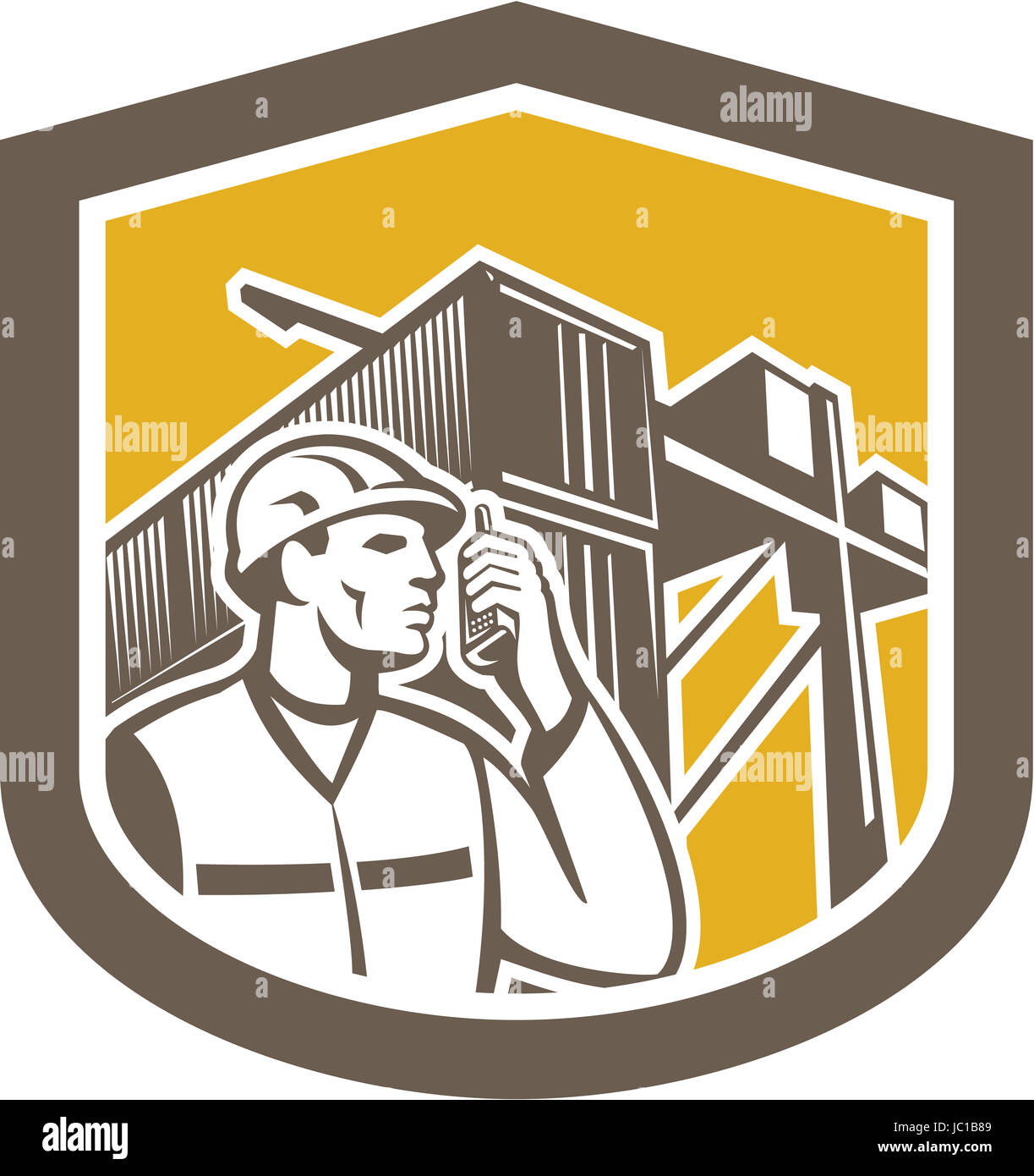Illustration of a dock worker on phone calling with shipping containers in the background set inside shield crest done in retro style. Stock Photo