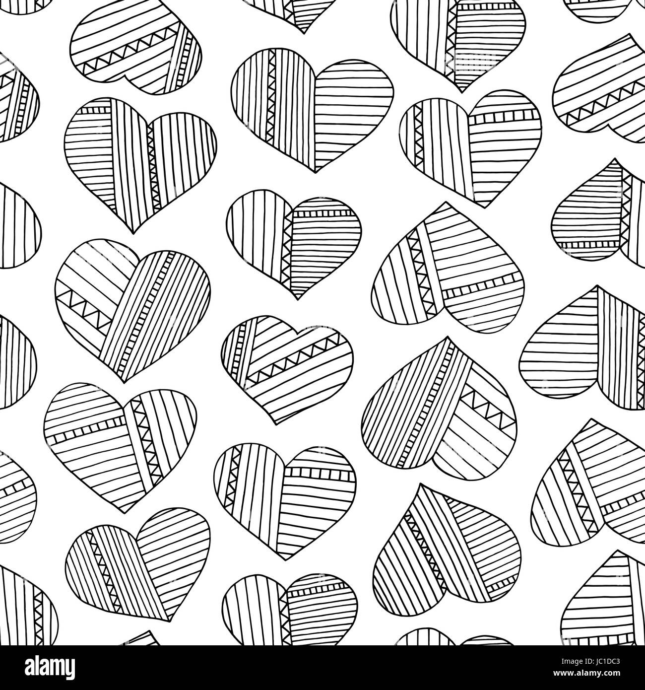 Hearts and stripes hand drawn abstract pattern. Vector seamless background for wallpaper, wrapping, textile design, surface texture, fabric. Stock Vector