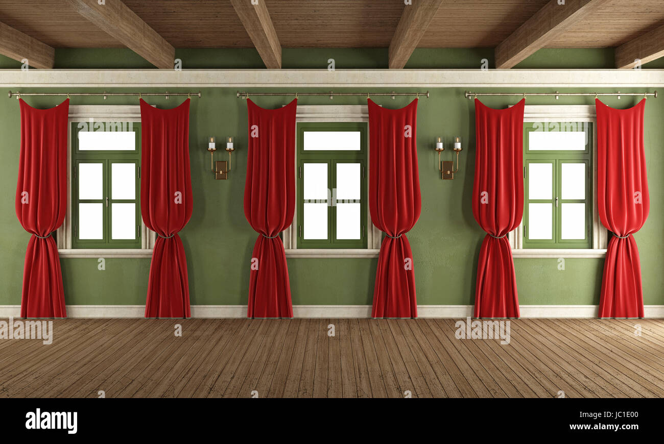 Retro Room With Three Windows And Curtains Rendering Stock Photo