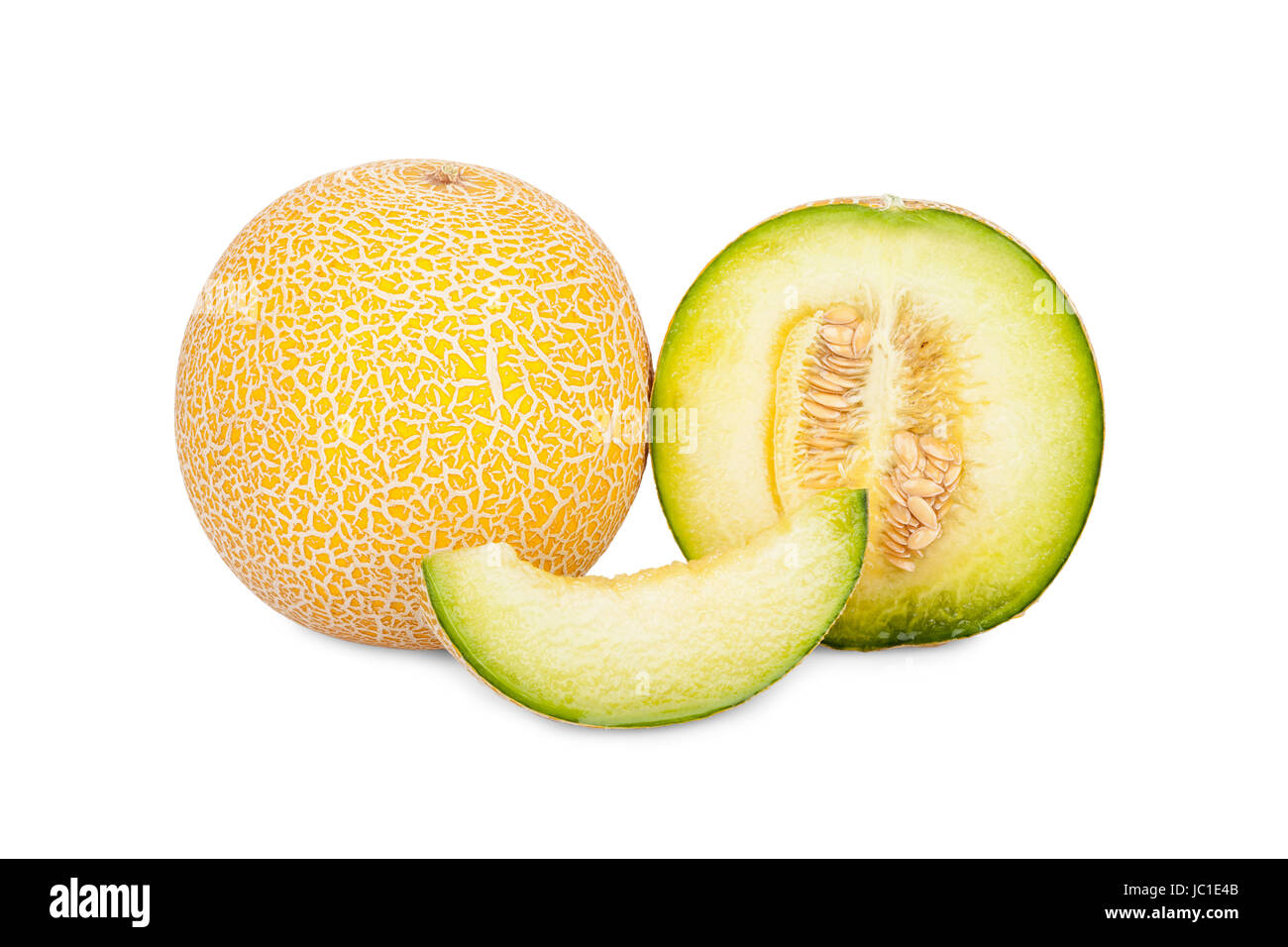 Ganze Galiamelone, Melone im Querschnitt und Stück isoliert vor weißem Hintergrund Stock Photo