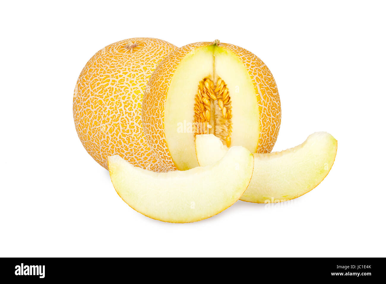 Galiamelonen, ganz, angeschnitten und Stücke isoliert vor weißem Hintergrund Stock Photo