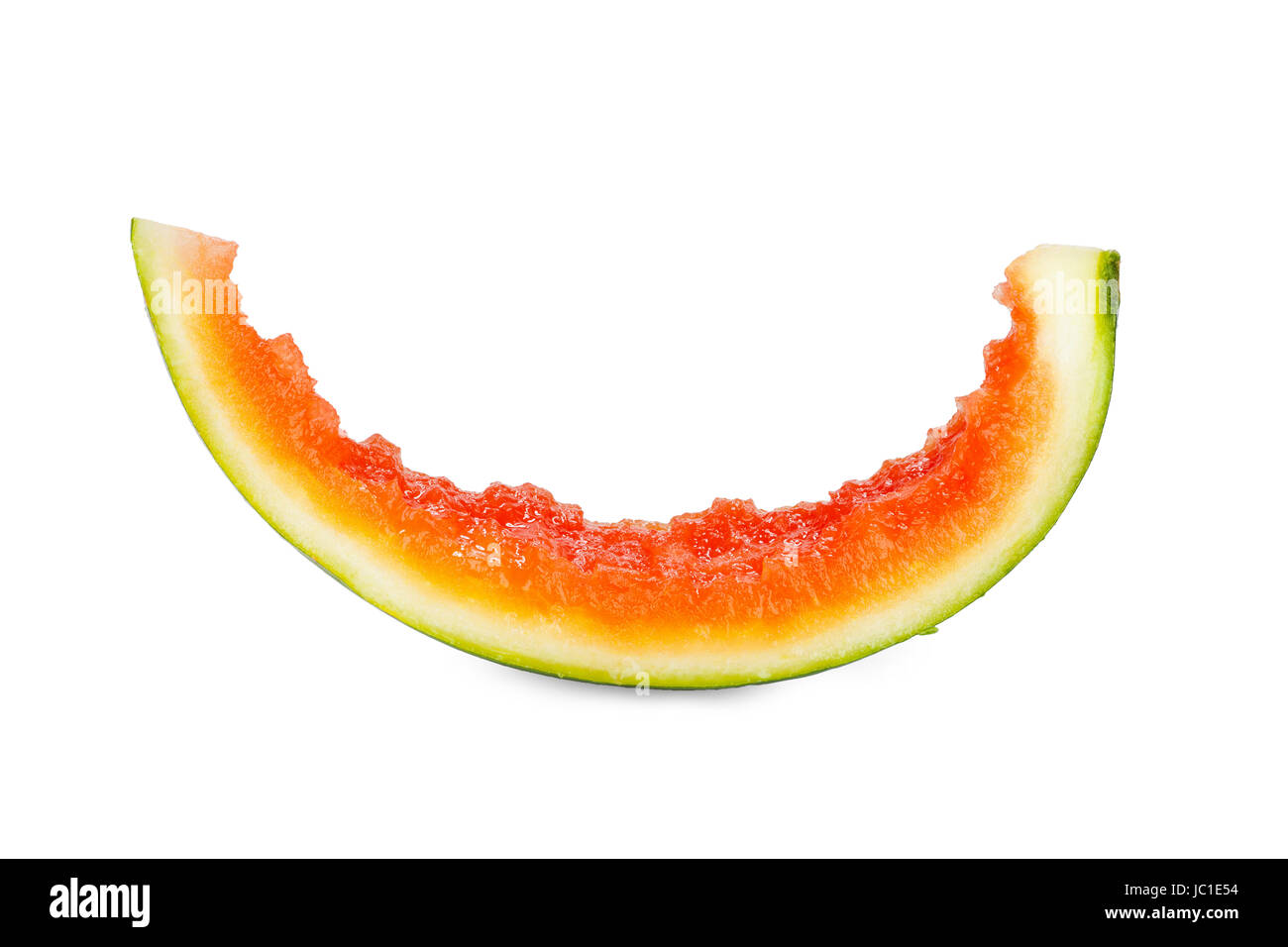 Stück einer reifen Wassermelone aufgegessen isoliert vor weißem Hintergrund Stock Photo