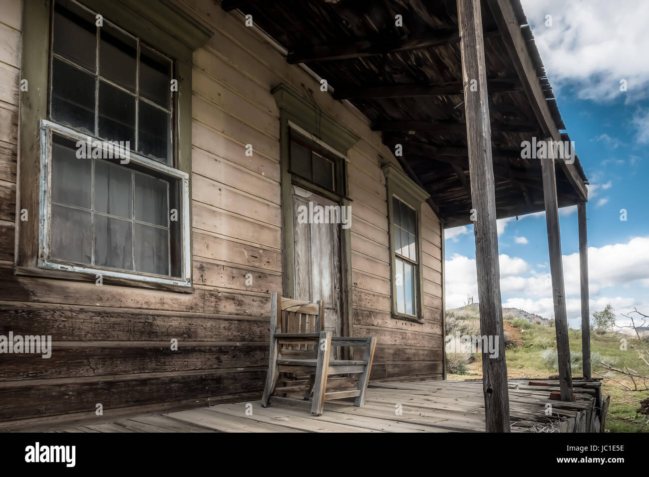 Front porch of a weathered old house in the historic mining town of Virginia City, Nevada. Stock Photo