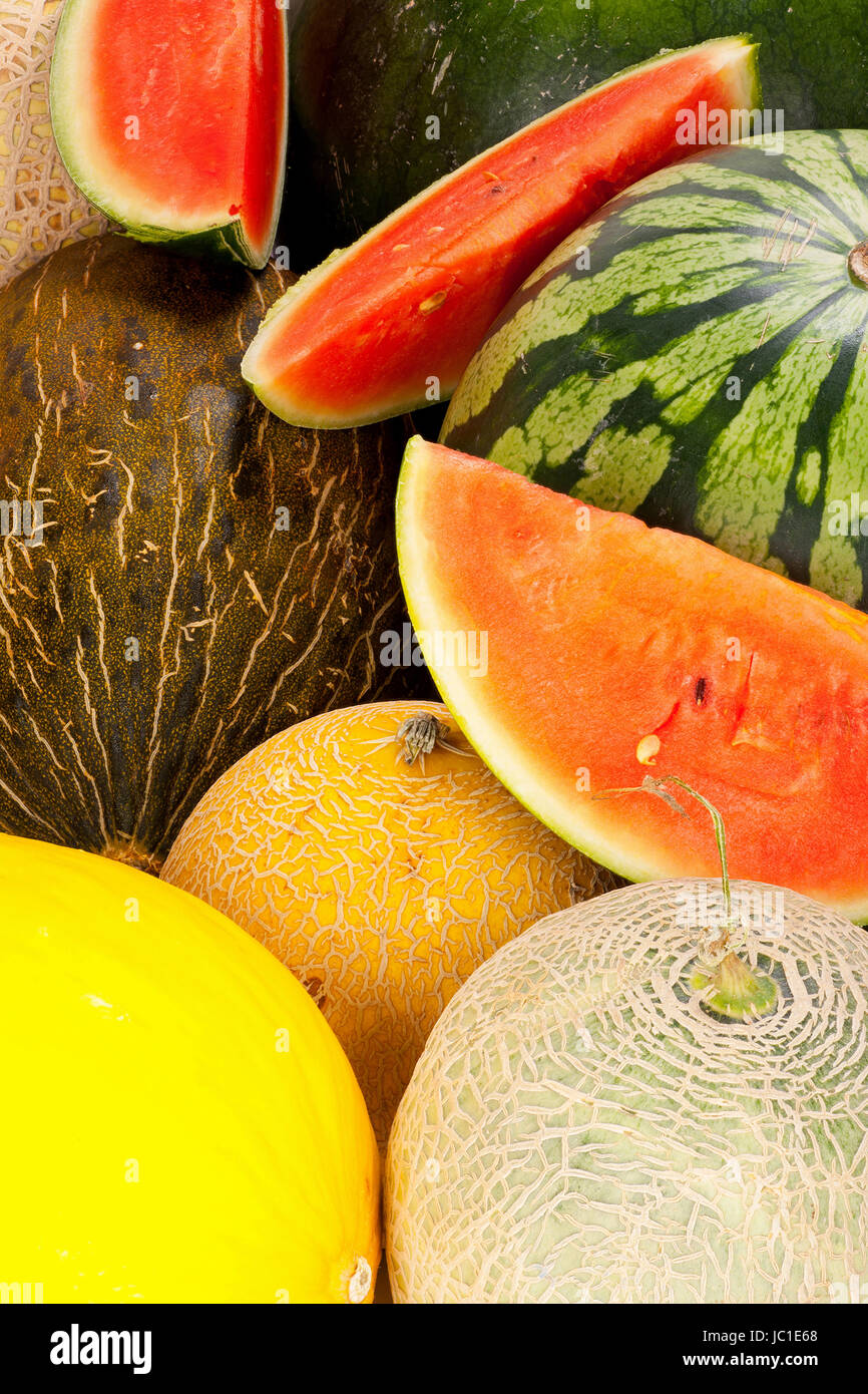 Hintergrund aus verschiedenen Melonensorten Stock Photo