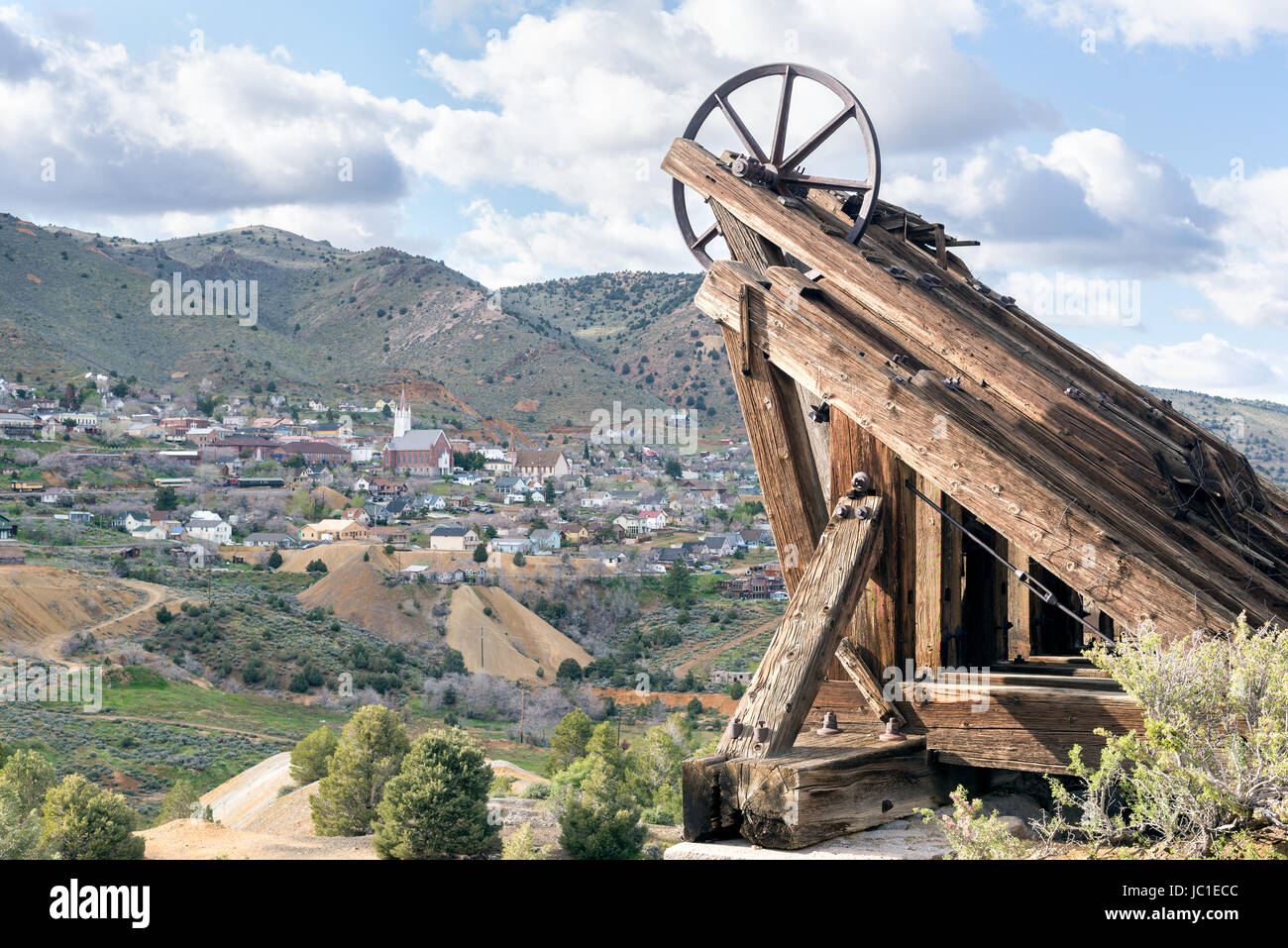 Headframe of the the Combination Mine and the historic mining town of Virginia City, Nevada. Stock Photo