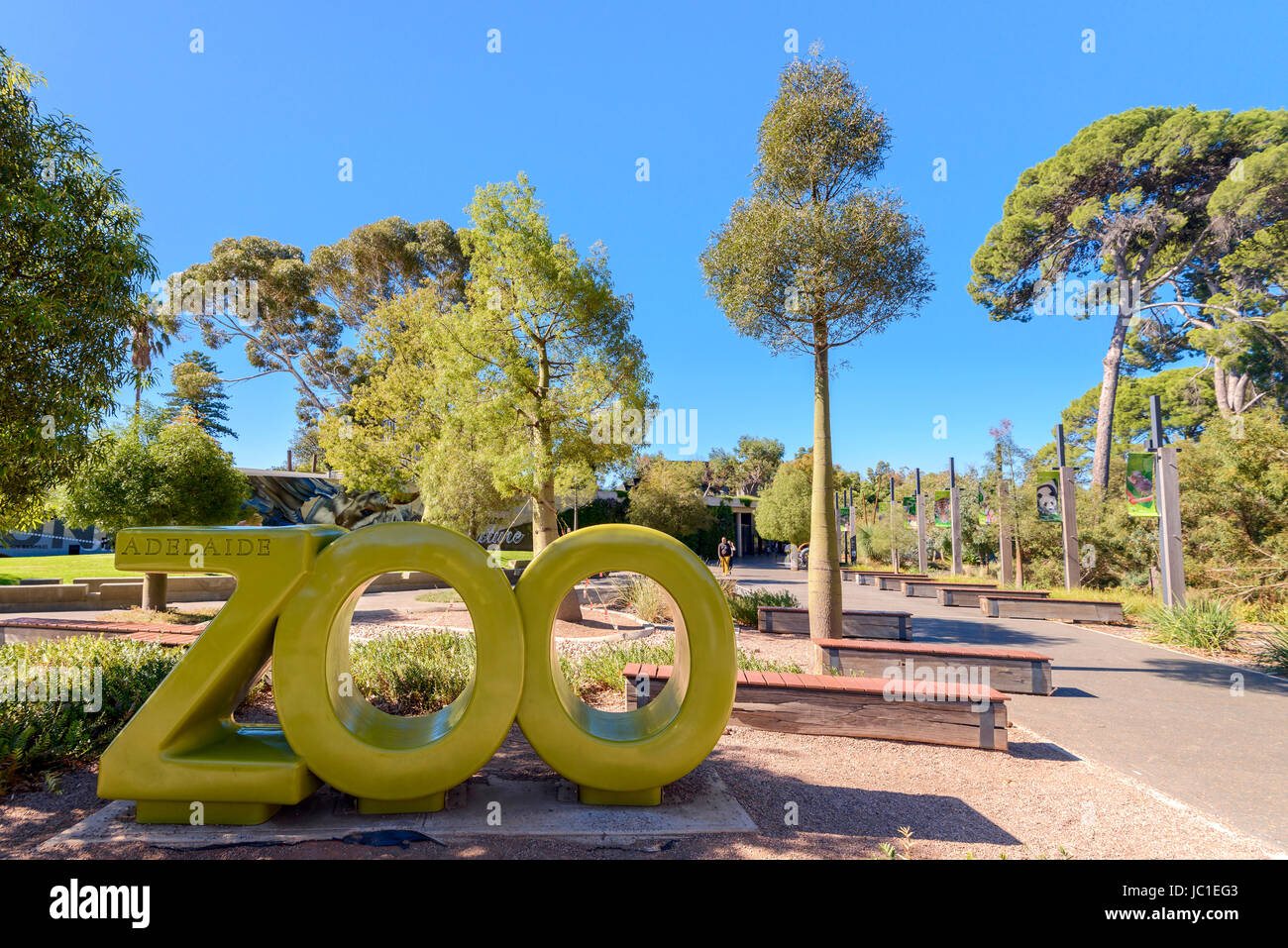 Adelaide, Australia - April 14, 2017: Adelaide Zoo installation near the main entrance in Adelaide CBD on a Sunday morning. Adelaide Zoo is Australia' Stock Photo