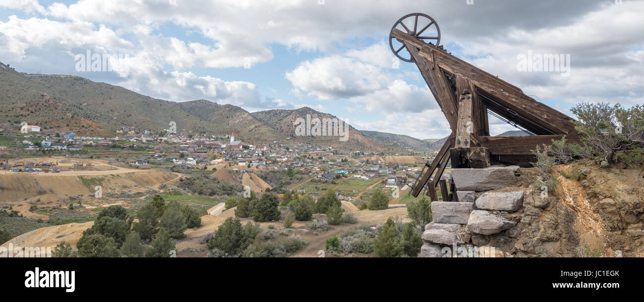 Headframe of the the Combination Mine and the historic mining town of Virginia City, Nevada. Stock Photo