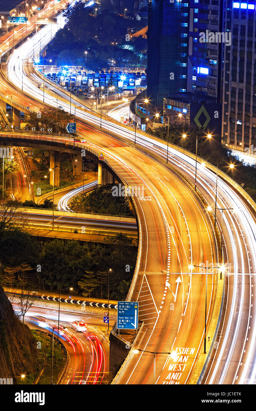 hong kong modern city High speed traffic and blurred light trails Stock ...