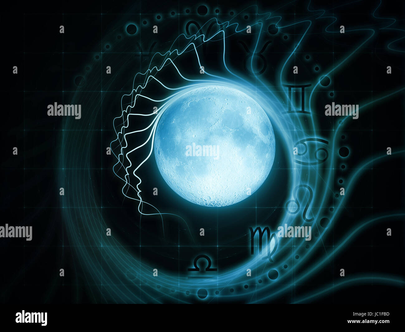 Inner Moon series. Composition of moon, human profile and astrological symbols on the subject of spirit world, dreams, imagination, astrology and the mind Stock Photo