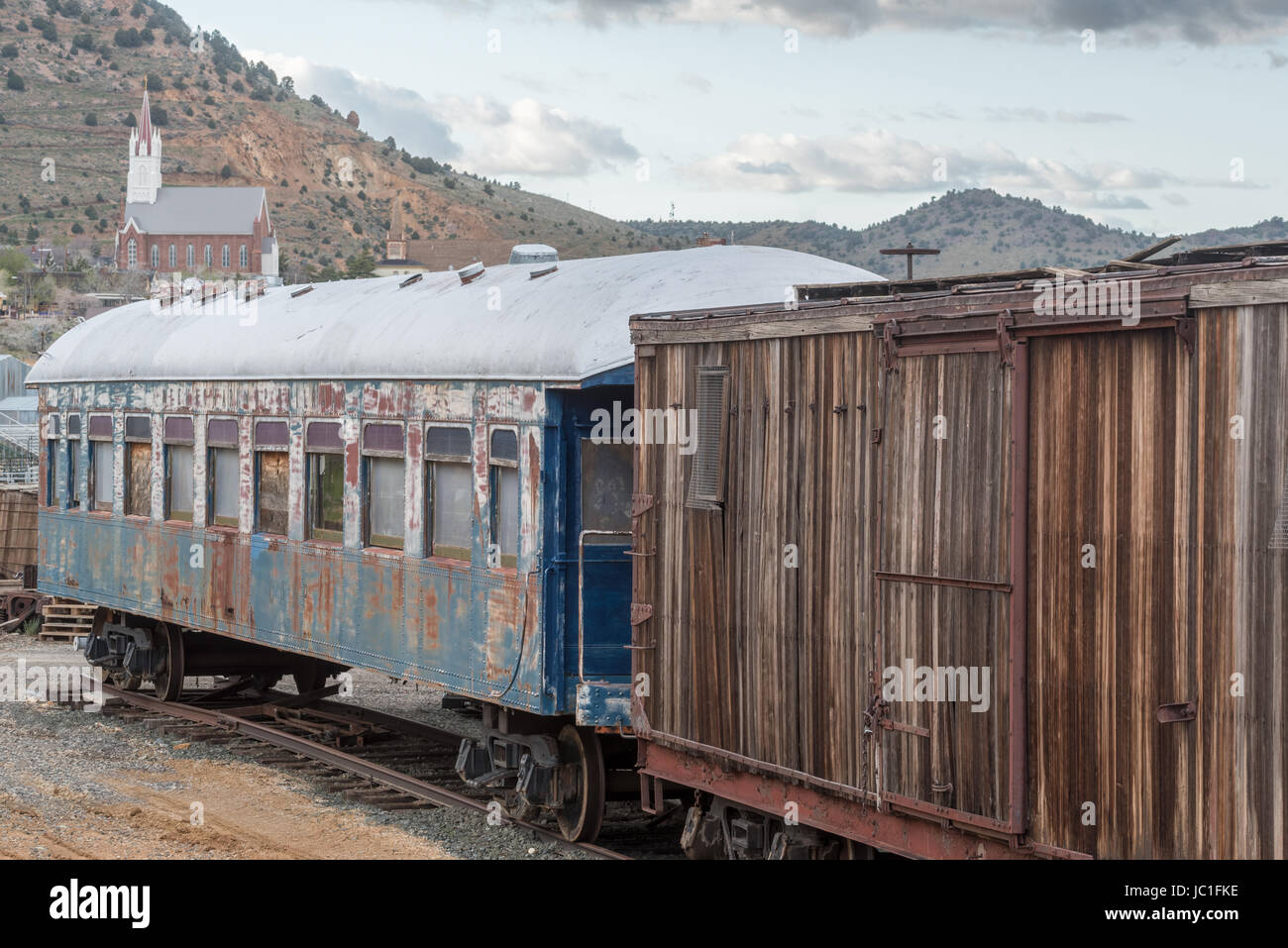 Vintage rail cars in the yard of the Virginia and Truckee Railroad in the historic mining town of Virginia City, Nevada. Stock Photo