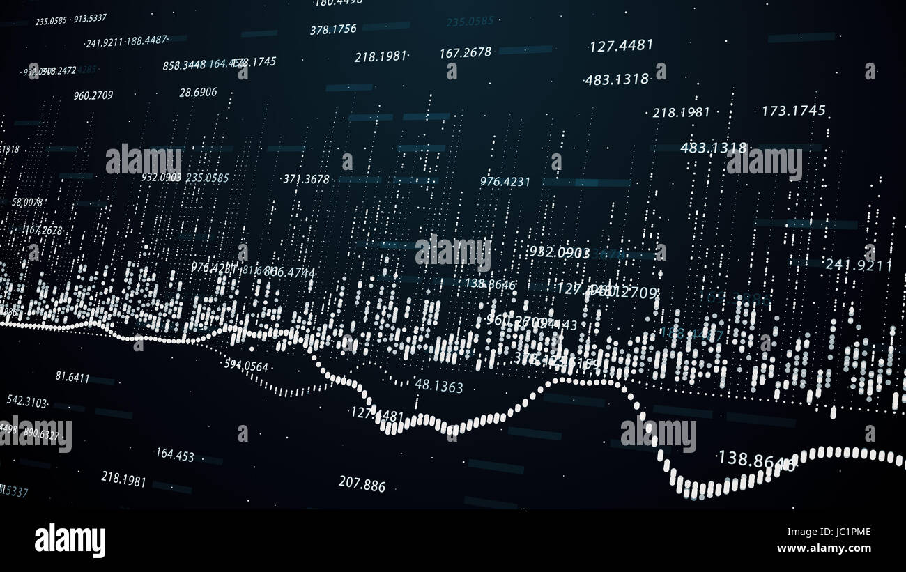 Abstract background with growing charts and flowing counters of numbers ...