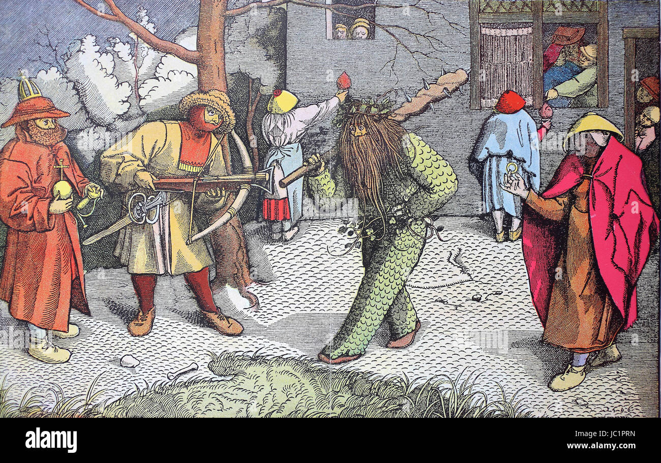 Carnival games, woodcut by P. Breugel, 16th Century, digital improved reproduction from a publication of the year 1880 Stock Photo
