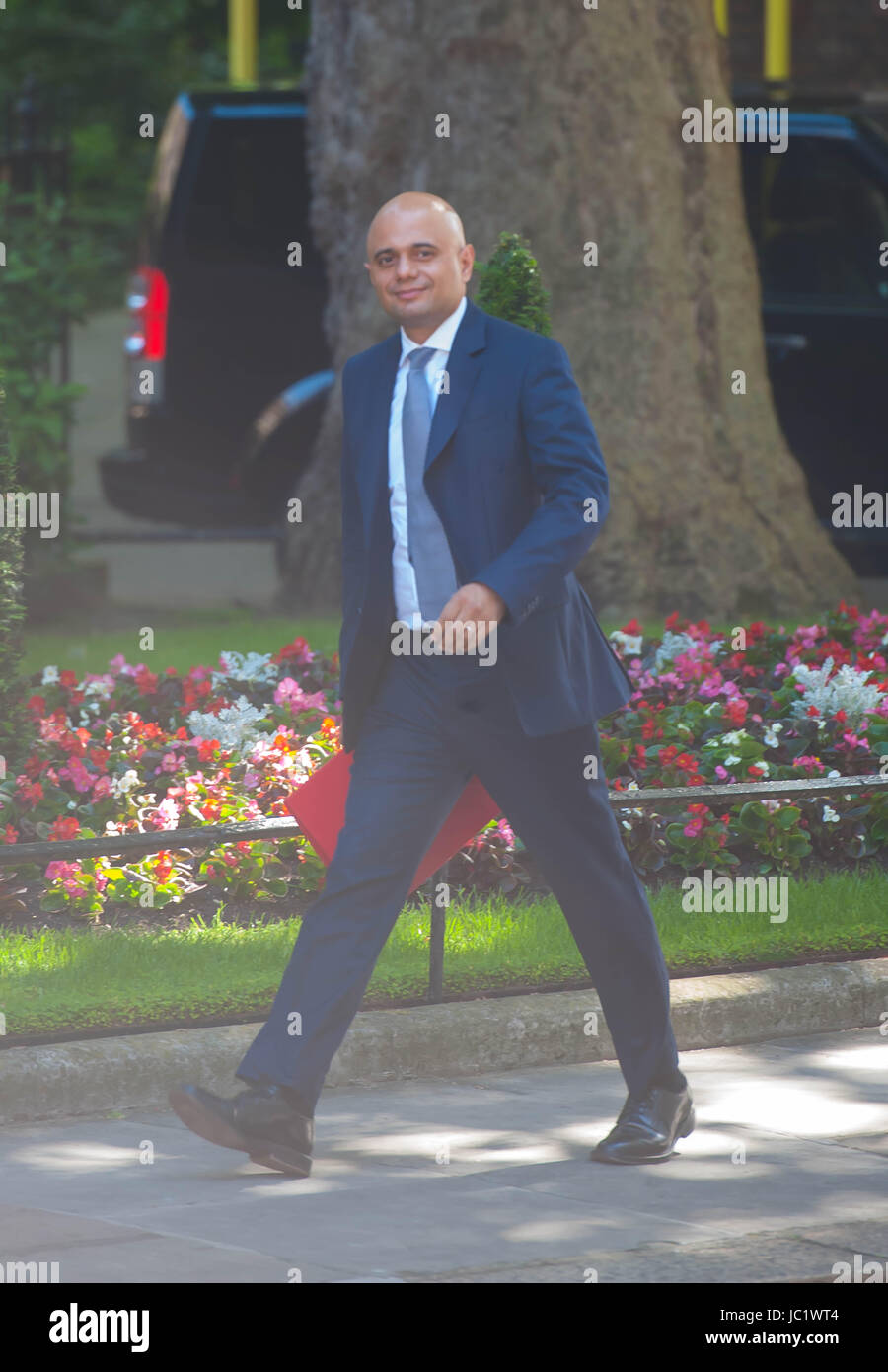 London, UK. 13th June, 2017. Secretary of State for Communities and Local Government Sajid Javid arrives at Downing Street. Prime Minister will hosts leader of the DUP for talks, as May seeks to negotiate a deal for Unionist support for a Conservative minority government. Theresa May announced following last week's General Election that she would be seeking to form a government alongside the DUP after the Conservative Party failed to secure an overall majority in the House of Commons. Credit: Michael Tubi/Alamy Live News Stock Photo