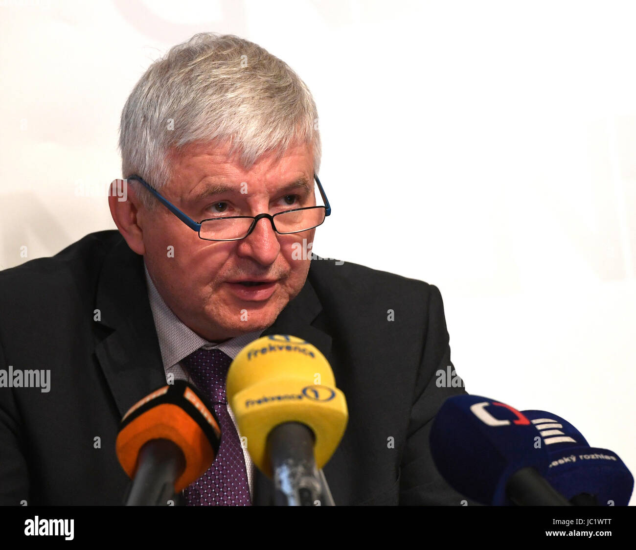 Czech National Bank (CNB) governor Jiri Rusnok speaks at a press conference on release of Report on Financial Stability 2016/2017 in Prague, Czech Republic, June 13, 2017. 'The domestic economy has shifted further into a growth phase of the financial cycle, characterised by rapid growth in loans. It is necessary to use good times for provisioning, as provisions enable the banking sector to operate smoothly in worse times,' CNB governor Jiri Rusnok said. (CTK Photo/Michal Krumphanzl) Stock Photo