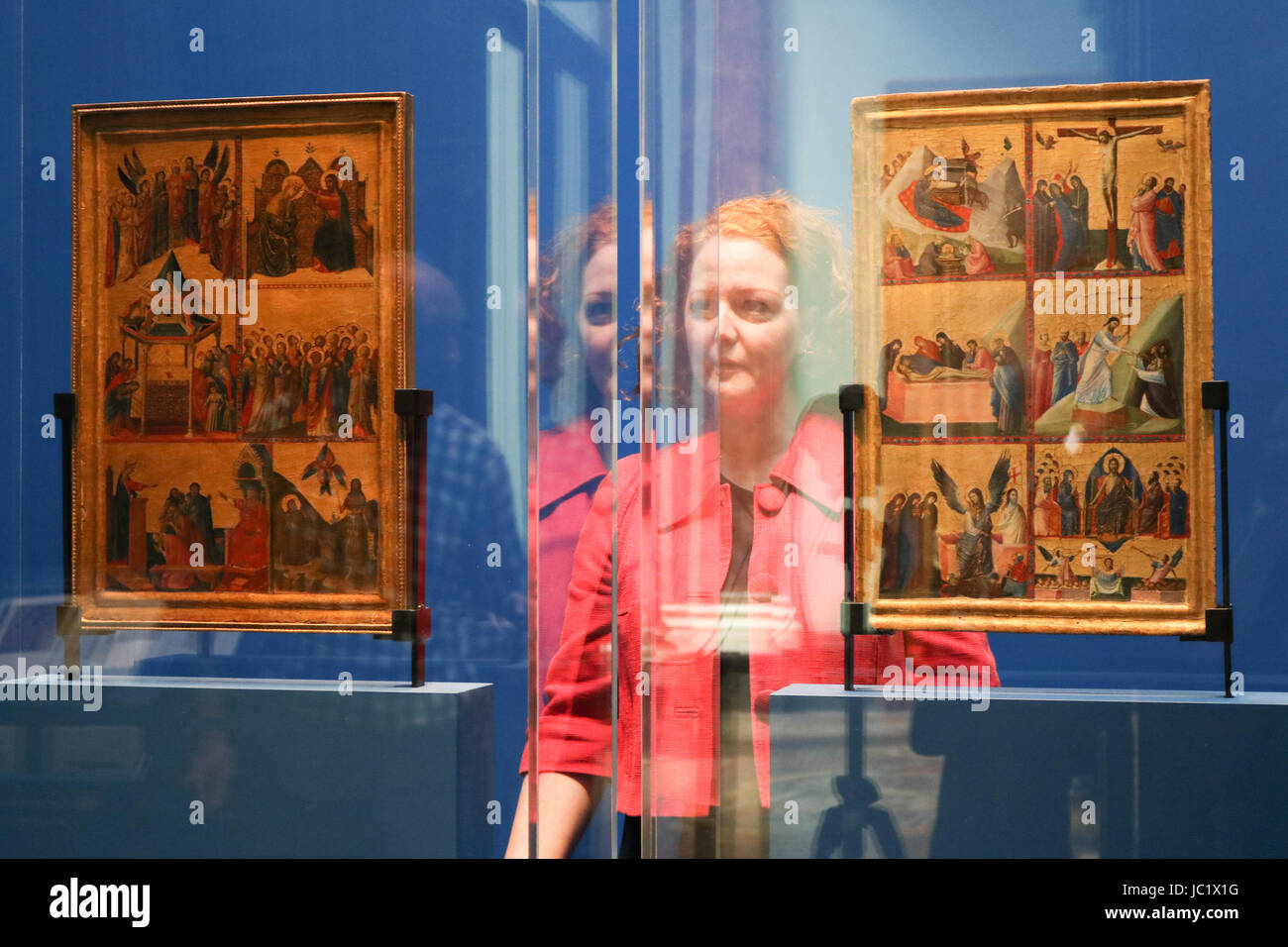 London, UK. 13th June, 2017. Press preview at National Gallery- Giovanna Da Rimini a 14th Century Masterpiece unveiled .Scenes from the Life of Christ panels from a former dyptych dated 1300-5. Credit: amer ghazzal/Alamy Live News Stock Photo
