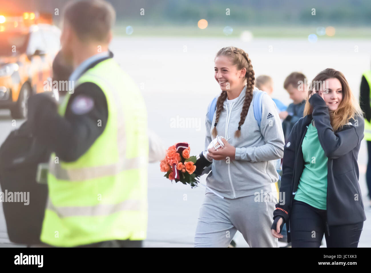 Riga, Latvia. 12th June, 2017. Fans are waiting for Jelena Ostapenko, who arrives in hometown Riga, Latvia. Riga International Airport. Credit: Gints Ivuskans/Alamy Live News Stock Photo