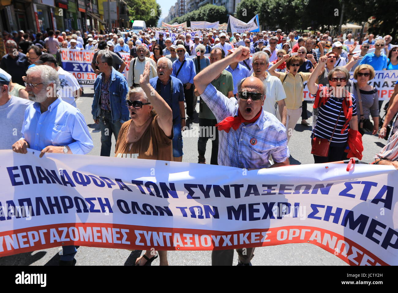 Thessaloniki, Greece, June 13th, 2017. Thousands of elderly Greeks took to the streets and protested against cuts to their pensions.  Many retirees in Greece have already seen their pensions cut several times.  Pension cuts and reforms has been a regular feature of Greece's austerity drives. Credit : Orhan Tsolak / Alamy Live News Stock Photo