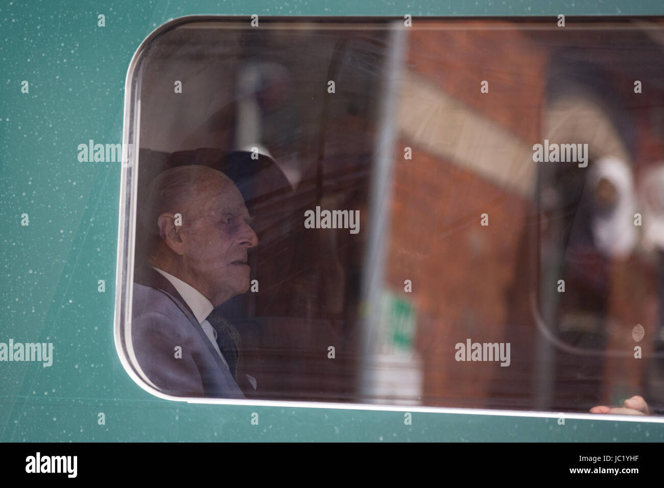 Slough, UK. 13th June, 2017. The Duke of Edinburgh prepares to travel with the Queen from Slough to London Paddington on a Great Western Railway train, recreating the historic first rail journey by a monarch made by Queen Victoria on 13th June 1842. Credit: Mark Kerrison/Alamy Live News Stock Photo