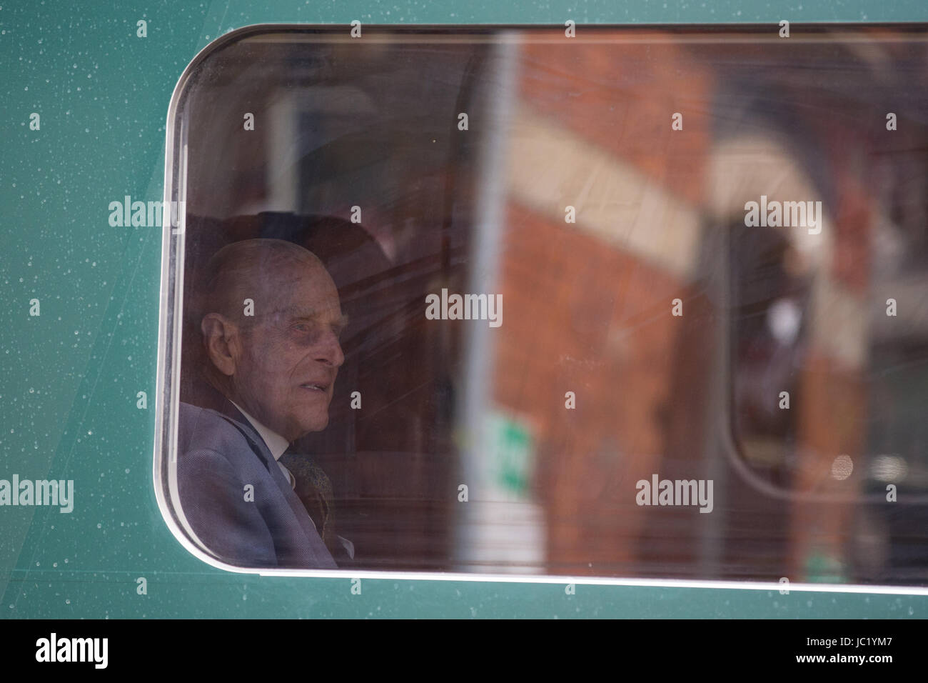 Slough, UK. 13th June, 2017. The Duke of Edinburgh prepares to travel with the Queen from Slough to London Paddington on a Great Western Railway train, recreating the historic first rail journey by a monarch made by Queen Victoria on 13th June 1842. Credit: Mark Kerrison/Alamy Live News Stock Photo