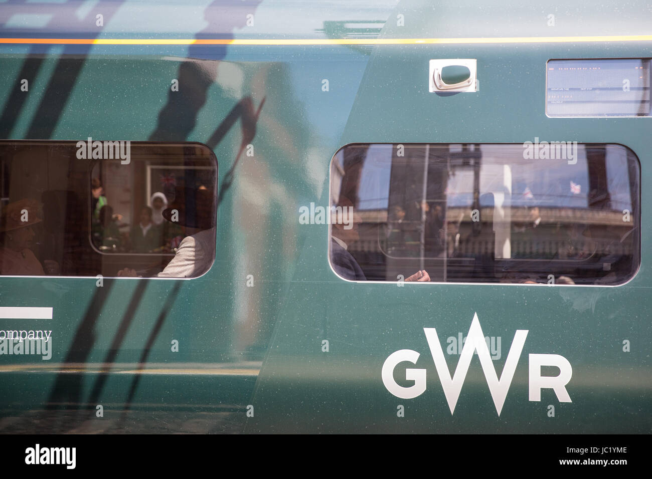 Slough, UK. 13th June, 2017. The Queen prepares to travel with the Duke of Edinburgh from Slough to London Paddington on a Great Western Railway train, recreating the historic first rail journey by a monarch made by Queen Victoria on 13th June 1842. Credit: Mark Kerrison/Alamy Live News Stock Photo