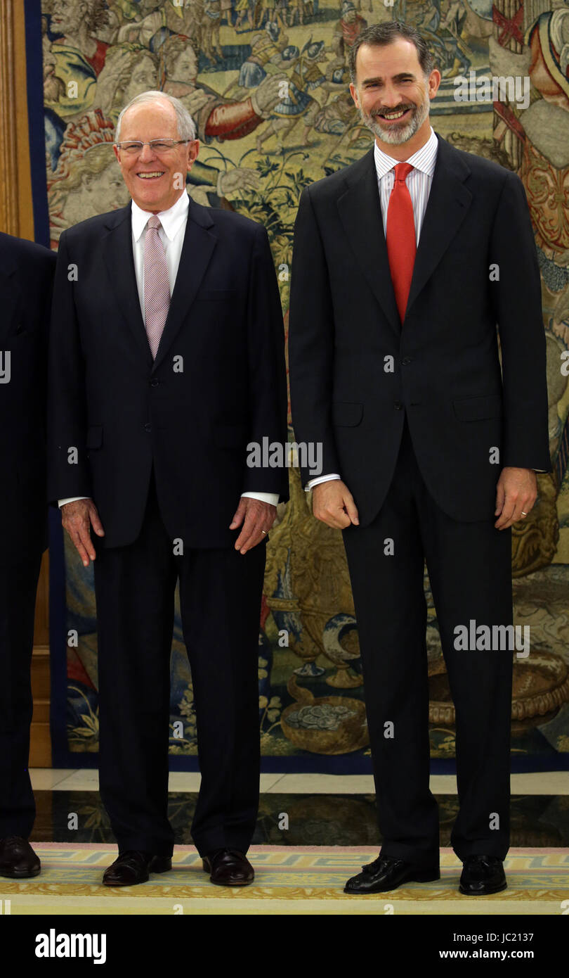 Madrid, Spain. 13th Jun, 2017. The King of Spain Felipe VI with the president of Peru, Pedro Pablo Kuczynski, during audience in the Palace of the Zarzuela in Madrid on Tuesday 13 June 2017. Credit: Gtres Información más Comuniación on line,S.L./Alamy Live News Stock Photo