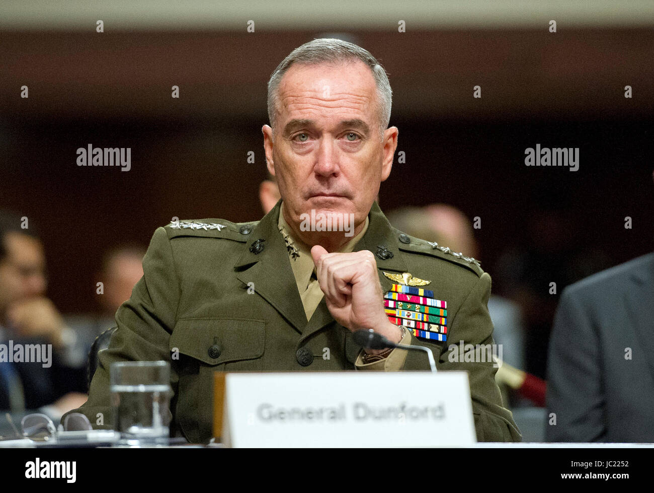 General Joseph F. Dunford, Jr., US Marine Corps, Chairman of the Joint Chiefs of Staff, gives testimony before the US Senate Committee on Armed Services on 'the Department of Defense budget posture in review of the Defense Authorization Request for Fiscal Year 2018 and the Future Years Defense Program' on Capitol Hill in Washington, DC on Tuesday, June 13, 2017. Credit: Ron Sachs/CNP /MediaPunch Stock Photo