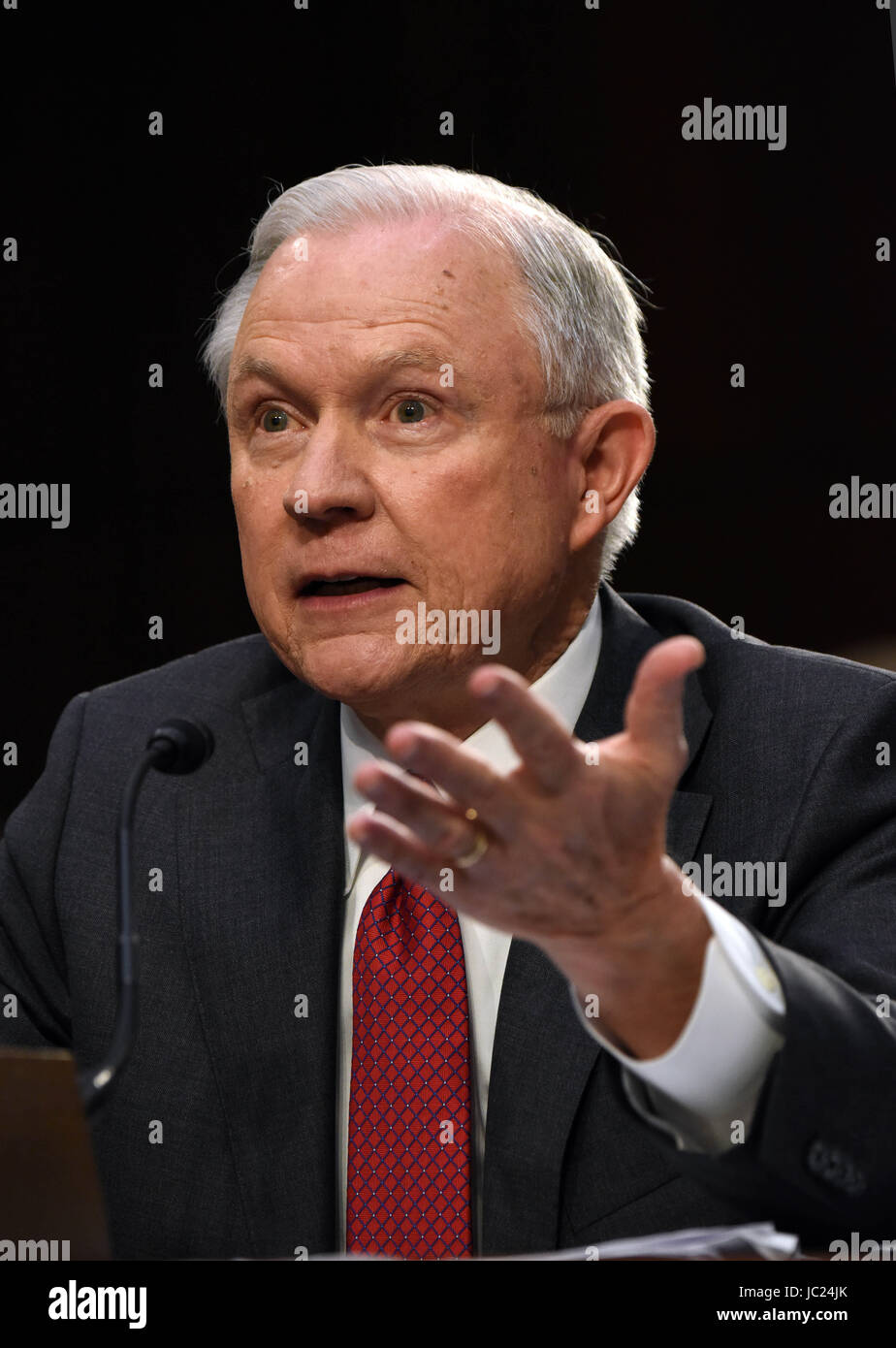 Washington, USA. 13th June, 2017. U.S. Attorney General Jeff Sessions testifies before the U.S. Senate Intelligence Committee on Capitol Hill, in Washington, DC, the United States, on June 13, 2017. U.S. Attorney General Jeff Sessions on Tuesday strongly denied the accusation that he colluded with Russia during last year's Donald Trump campaign, calling it an "appalling and detestable lie." Credit: Yin Bogu/Xinhua/Alamy Live News Stock Photo