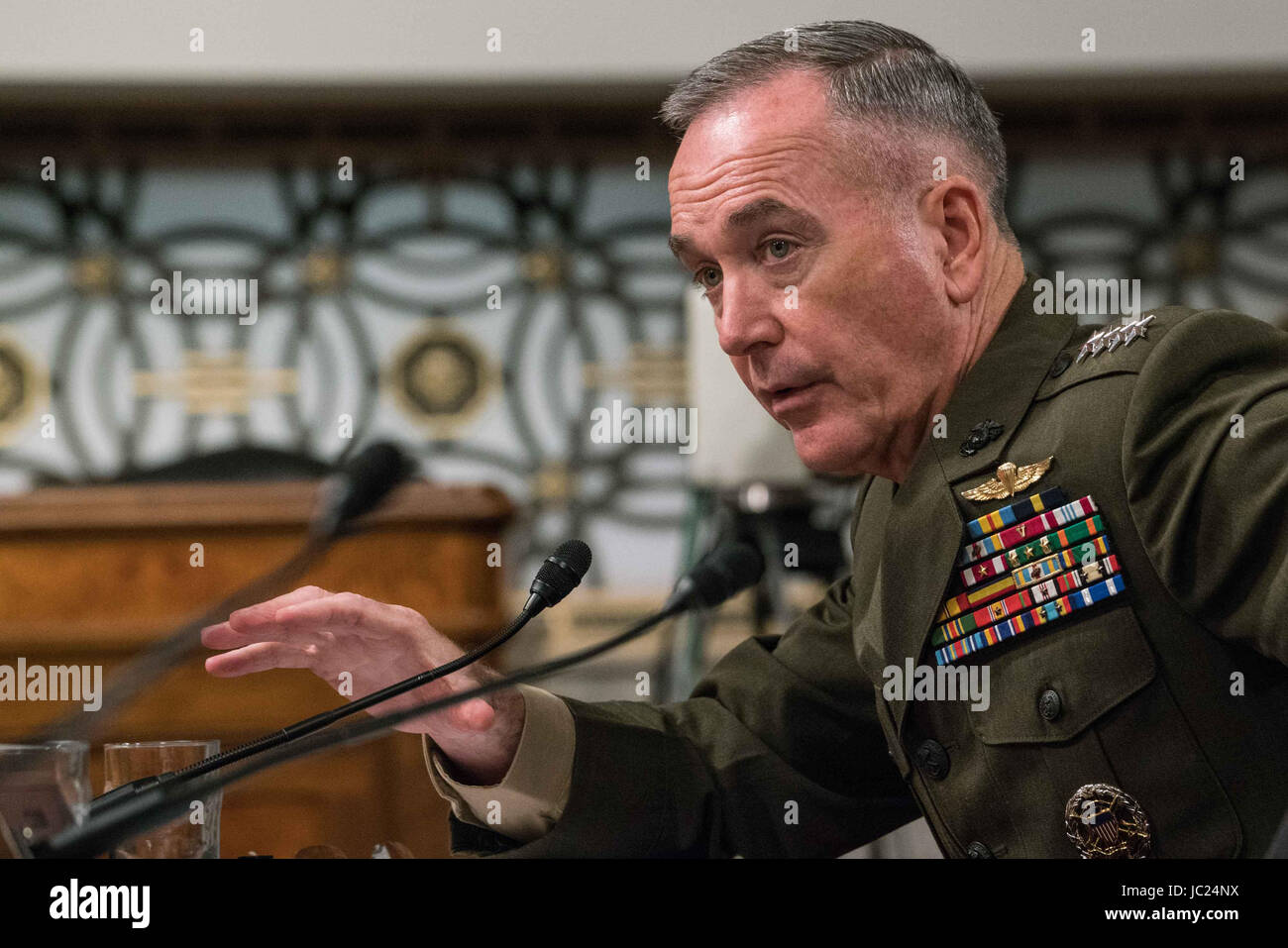 Washington DC, USA. 13th June, 2017. Chairman of the Joint Chiefs of Staff General Joseph Dunford, Jr., testifies during a US House Armed Services Committee hearing on the Fiscal Year 2018 budget on Capitol Hill in Washington. Credit: Ken Cedeno/ZUMA Wire/Alamy Live News Stock Photo