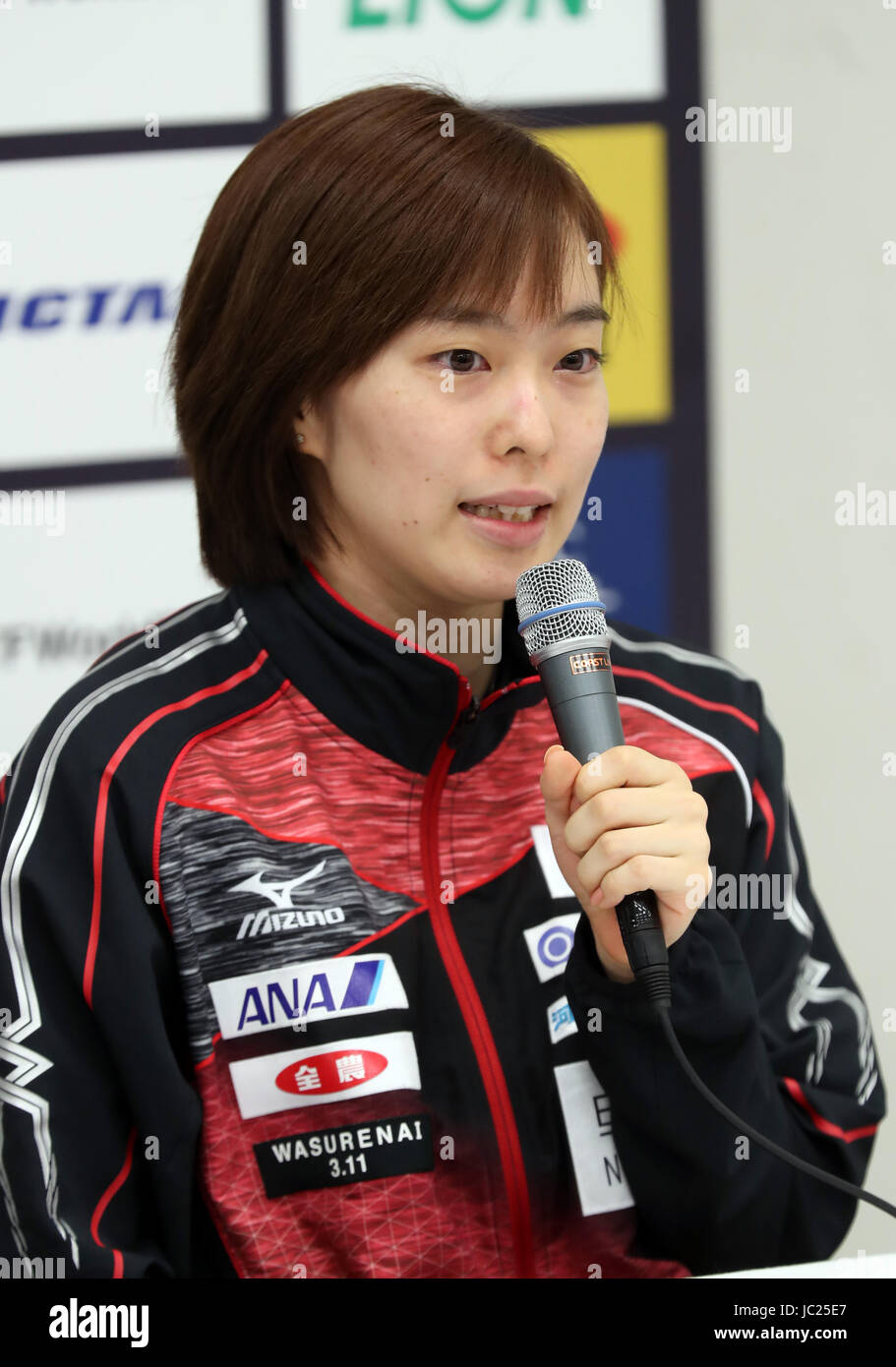 Tokyo, Japan. 13th June, 2017. Japanese table tennis player Kasumi Ishikawa speaks at a press