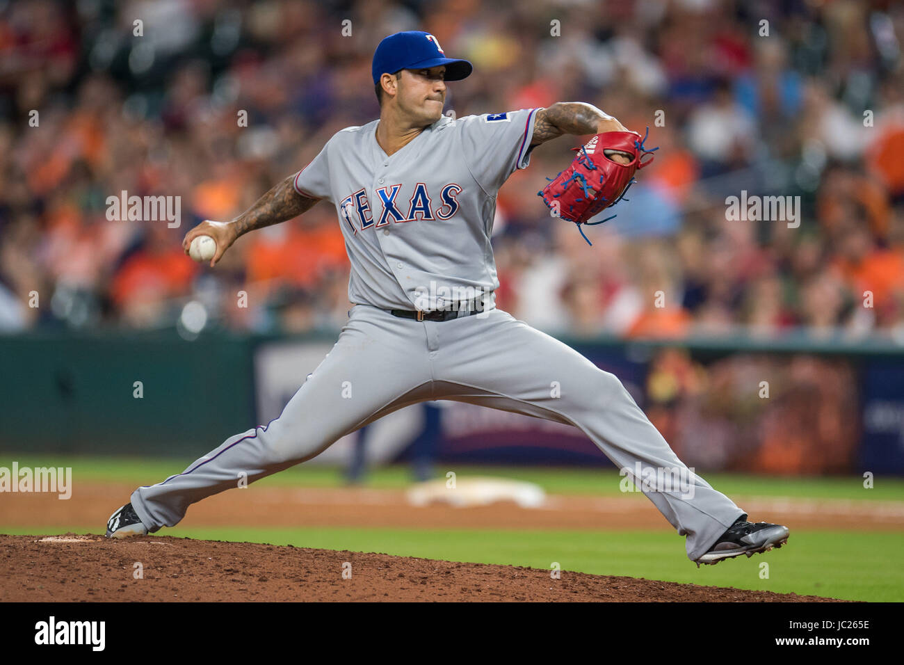 Houston, TX, USA. 13th June, 2017. Texas Rangers relief pitcher Matt Bush  (51) pitches during a Major League Baseball game between the Houston Astros  and the Texas Rangers at Minute Maid Park
