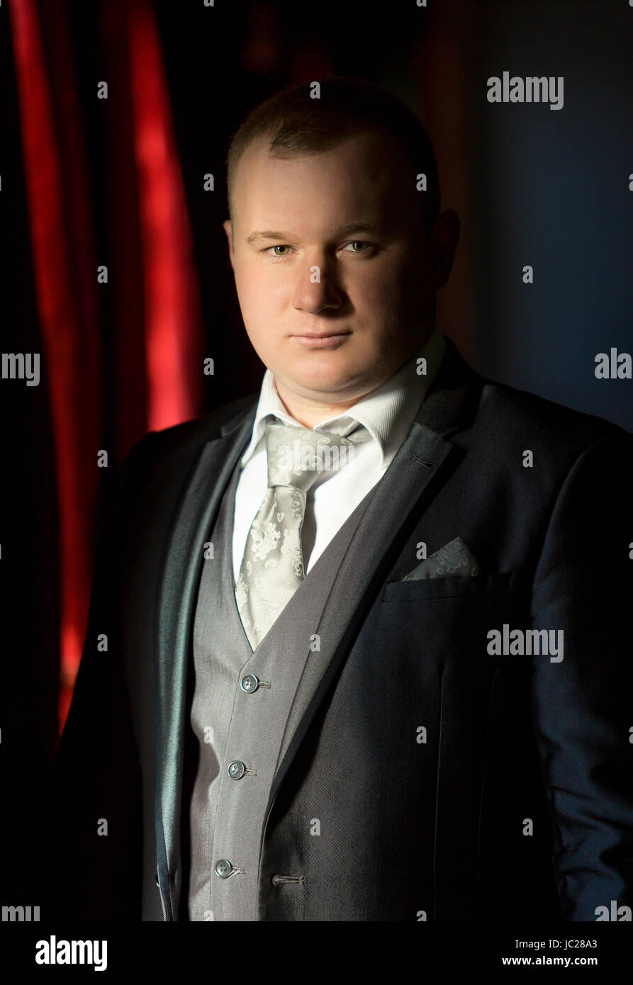 Closeup portrait of retro styled businessman in gray suit Stock Photo ...