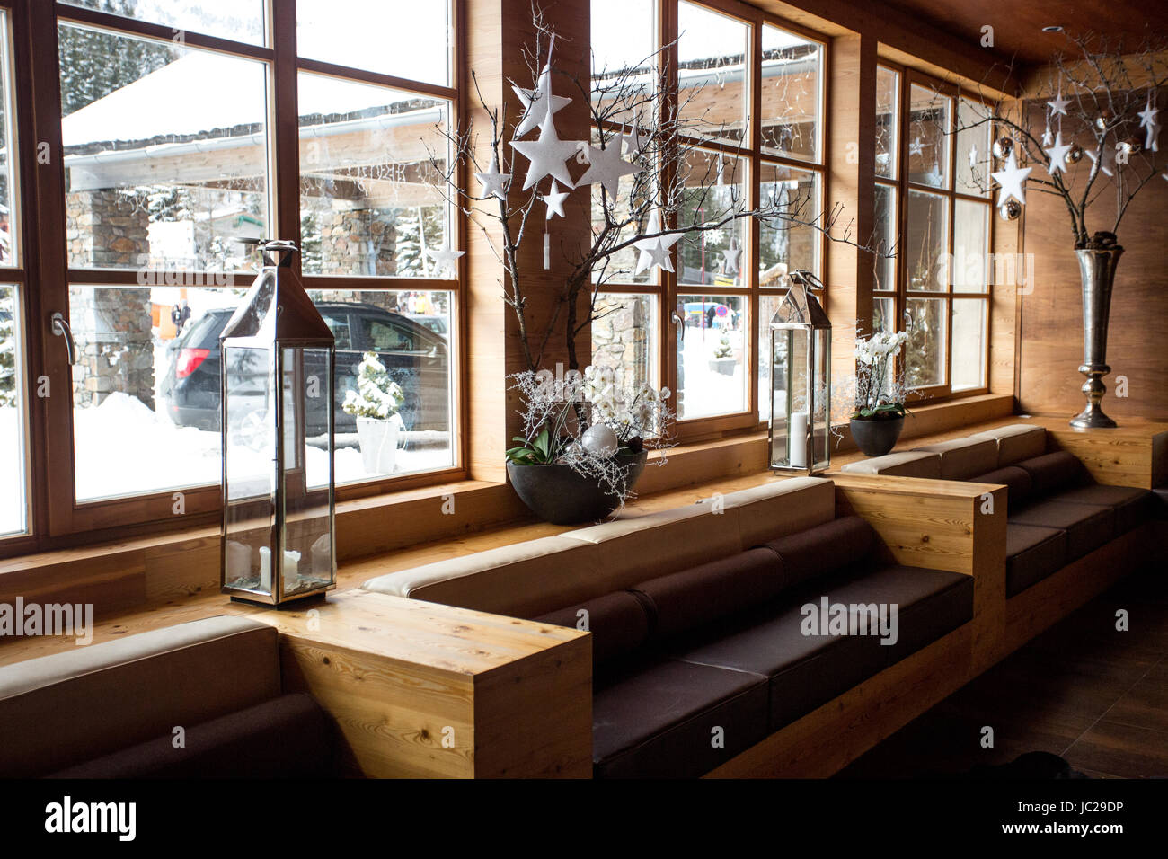 Beautiful modern wooden interior at Alpine ski resort Stock Photo