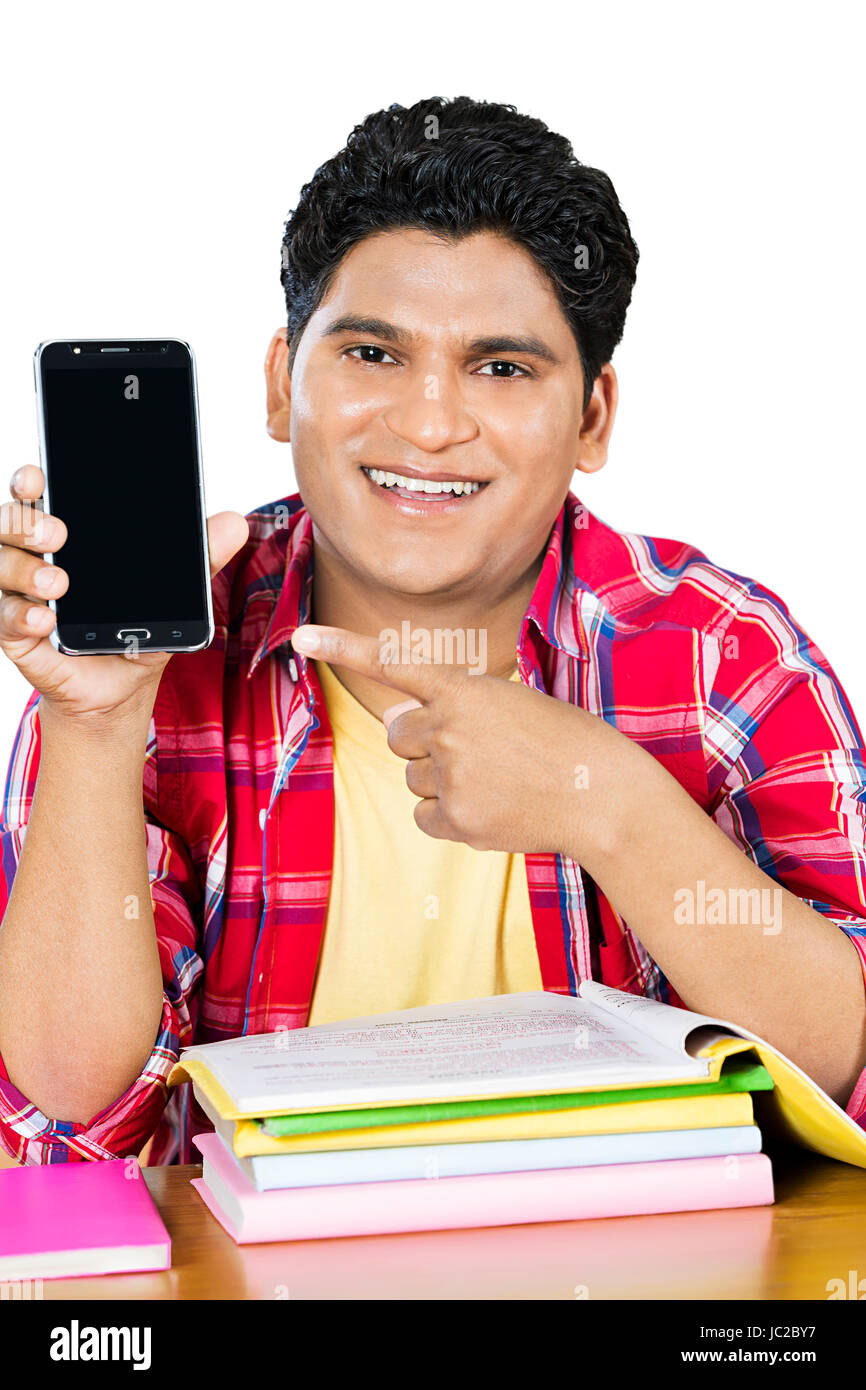 College Student Boy Phone Pointing Showing Education Stock Photo