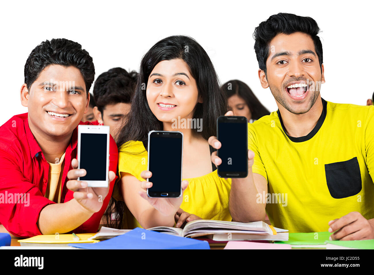 College Friends Student Classroom Showing Cell Phone Stock Photo Alamy