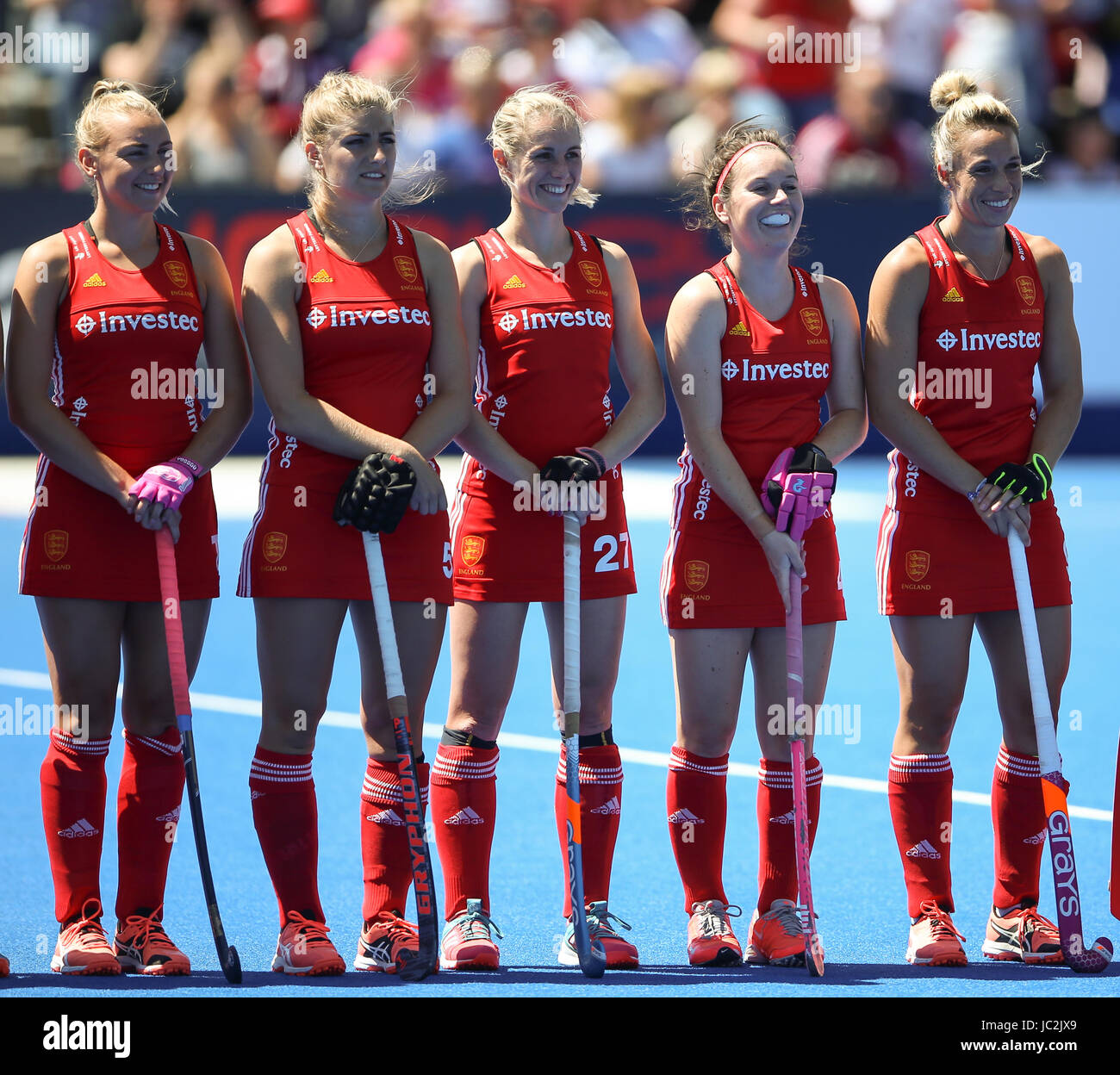 (left to right) England's Hannah Martin, Sarah Haycroft, Jo Hunter, Laura Unsworth and Susannah Townsend during the Investec International match at Lee Valley Hockey Centre, London. Stock Photo