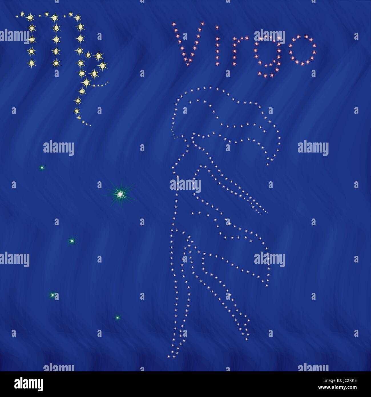 Zodiac sign Virgo contour with tiny stars on the background of blue
