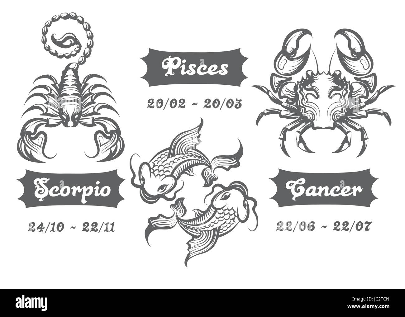 Set of Water Zodiac signs. Scorpion, Fishes and Cancer drawn in engraving style. Vector illustration. Stock Vector