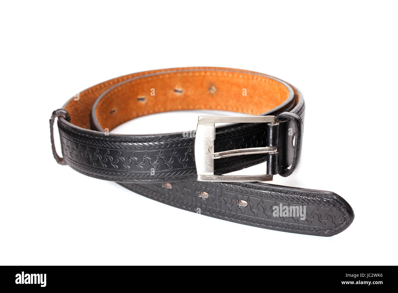 black leather belt isolated on white background Stock Photo - Alamy
